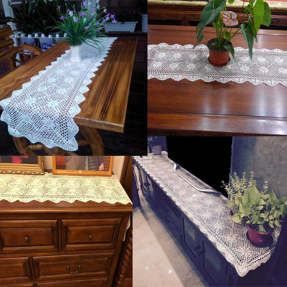 KEPSWET TideTex, centrino in Cotone Lavorato a Mano all'Uncinetto, Runner da tavola con Motivo Floreale Rustico, tovaglia per Divano, Cotone, Beige, 14"x48"