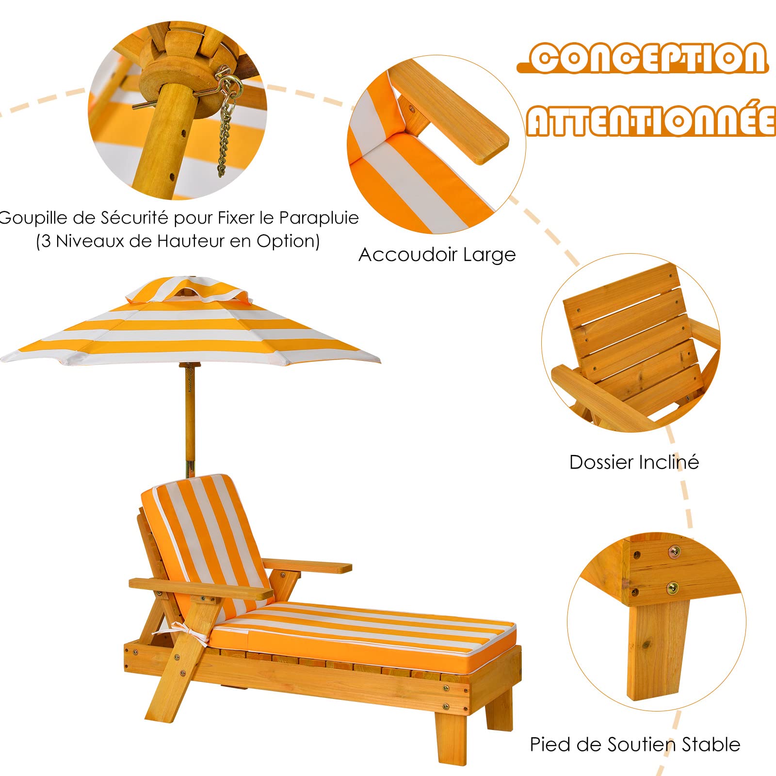 GOPLUS Chaise Longue Enfant avec Parasol, Transat de Jardin Extérieur pour Bain de Soleil, Salon de Jardin pour Plage, Camping, Patio, Charge 50KG, 92x49x106 CM
