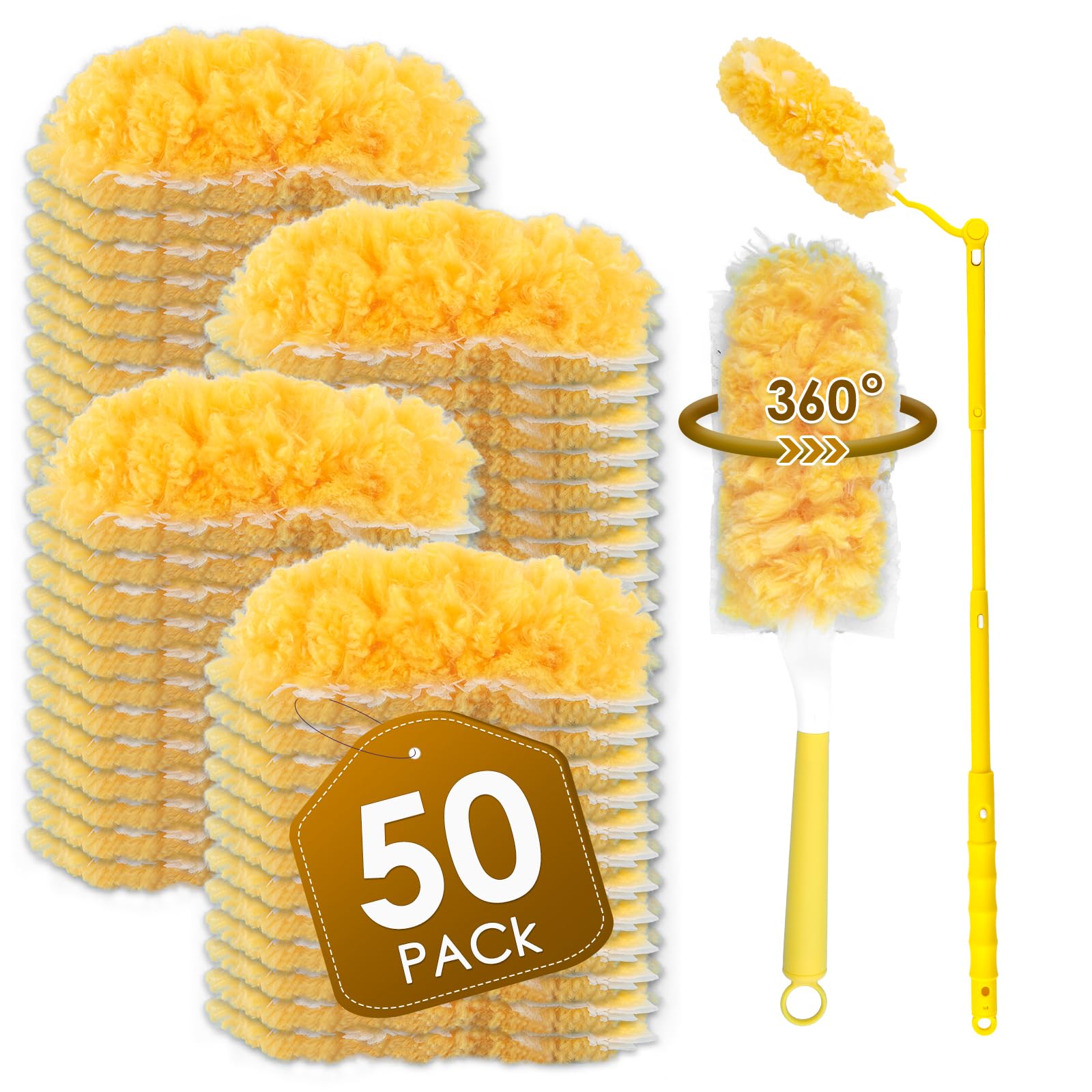 50 Count Feather Duster Refills for Swiffer Dusters Handle, 360 Degree Multi-Surface Duster Refill Kit with 1 Extended Handle and 1 Short Handle, Disposable Dust Removal Brush Heads for Electronics