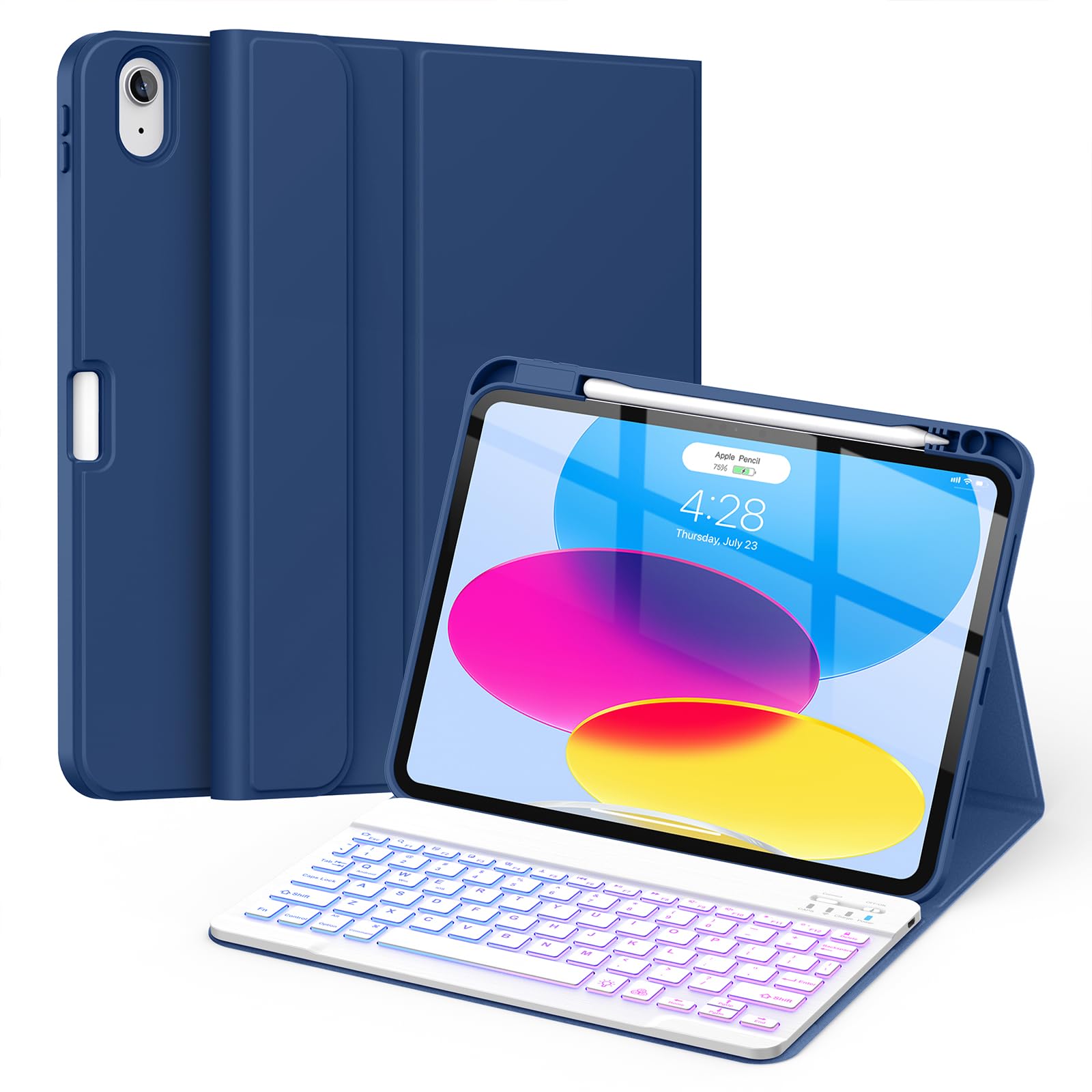 Soke Keyboard Case for iPad 11th(A16 2025)/10th Generation(2022),7 Color Backlight Wireless Detachable Keyboard Cover,Soft TPU Folio Stand with Pencil