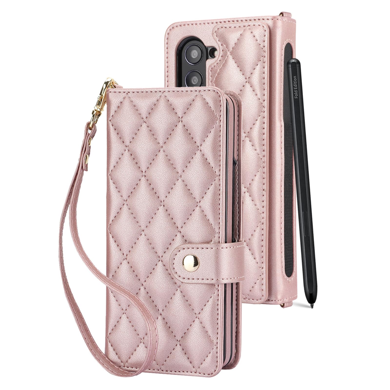Pokrowiec w stylu portfela do Samsung Galaxy Z Fold 7, luksusowe skórzane etui z klapką z przegródkami na długopisy pasek na nadgarstek smycz pokrowiec ochronny, różowy, składany 7