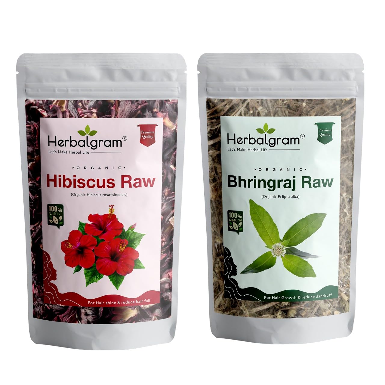 Herbalgram Organic Bringaraj and Hibiscus Raw Dried Flowers and Leaves Whole for Hair Care & Shine Pure Raw Form Combo (Pack of 2) 100gm Each (Hibiscus-Bhringraj 100g)