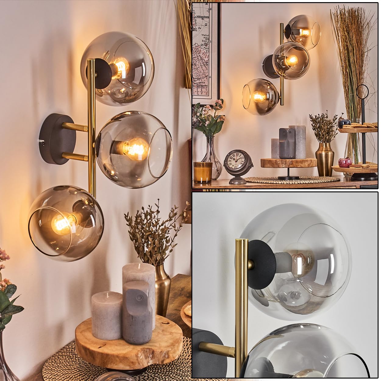 Aplique de pared Koyoto de HOFSTEIN, metal/cristal en negro/dorado/ahumado/claro, lámpara moderna de diseño retro/vintage (pantallas de Ø 15 cm), E14, salón, dormitorio, cocina, pasillo, escalera