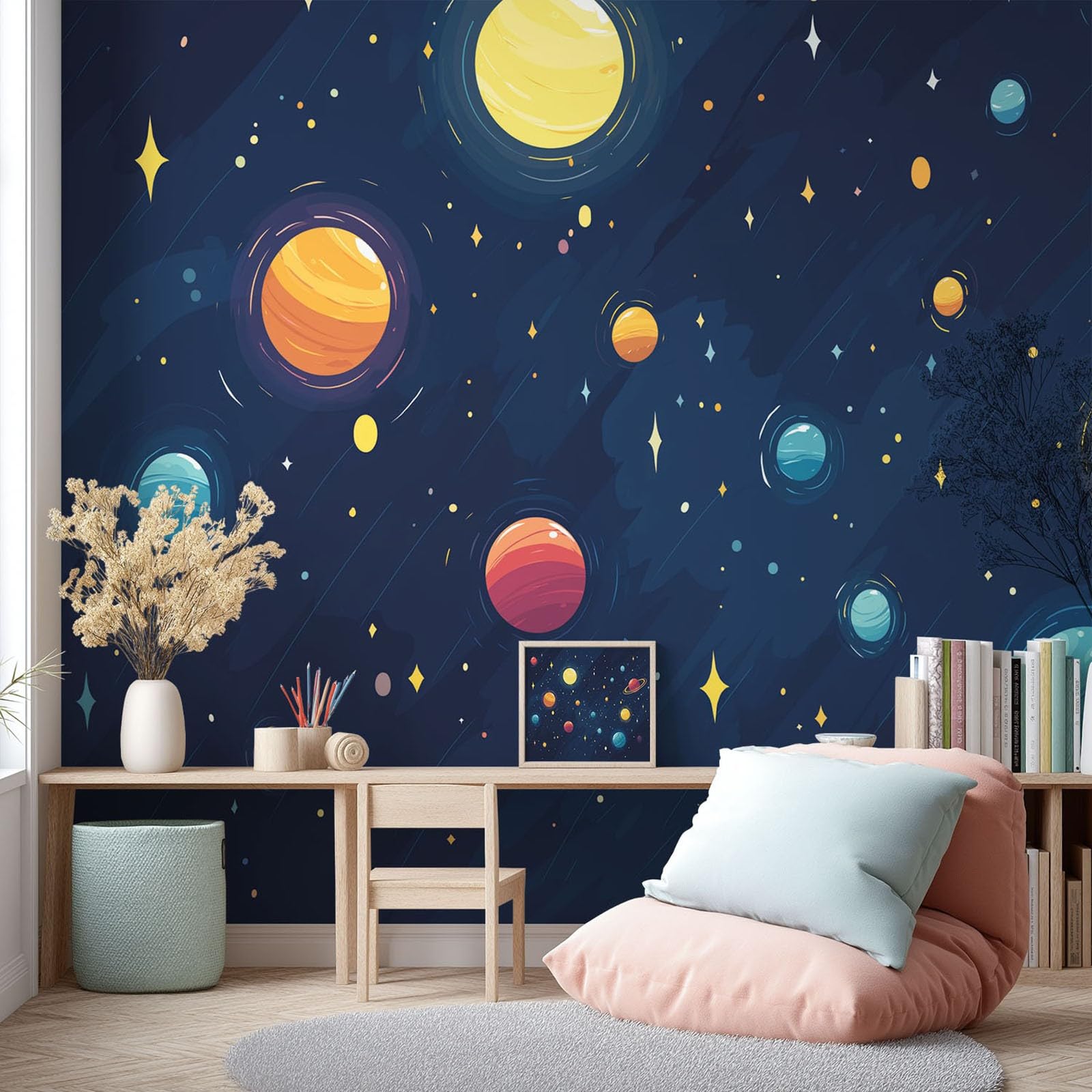 Générique Panoramiczna tapeta z niebieskim rysunkiem w gwiazdki o północy dziecka 300 x 210 cm (szer. x wys.) gigantyczny plakat ścienny, dekoracja ścienna premium, do salonu, pokoju dziecięcego i