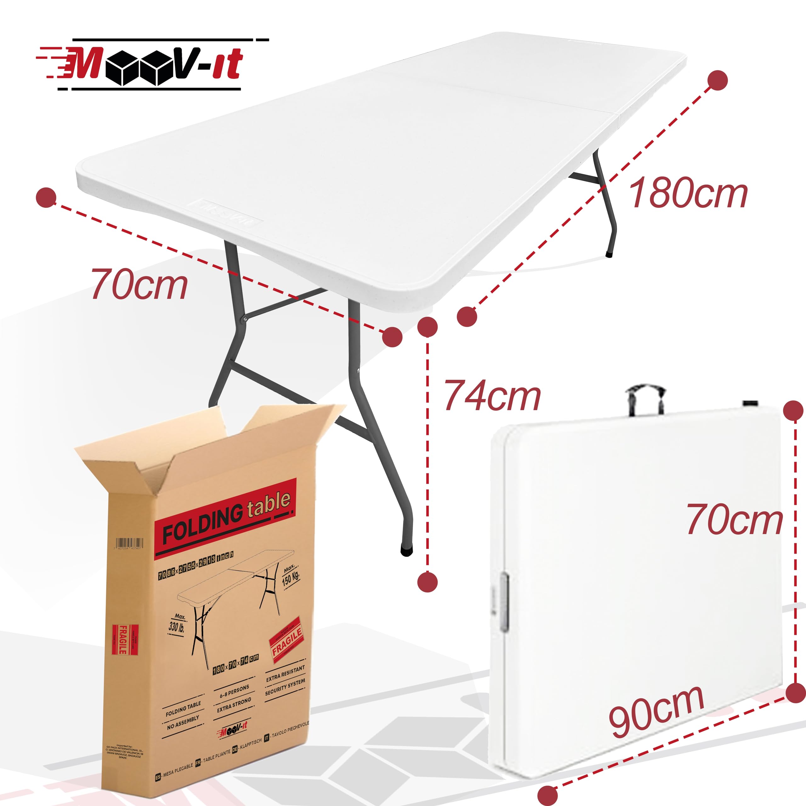 Moov-it Folding Table 6ft. Outdoor and Indoor. Portable Desk for Work. Card Table with Heavy Duty Plastic. Fold-in-Half Banquet Table. Buffet, Catering, Camping, Party, Dining