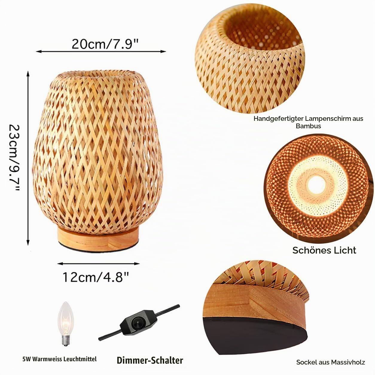Handgewebte Bambus-Tischlampe, kreativer ländlicher Stil, doppellagiger Bambus-Lampenschirm, Nachtlicht, Tischleuchte, dekorative Tischbeleuchtung für Schlafzimmer, Wohnzimmer