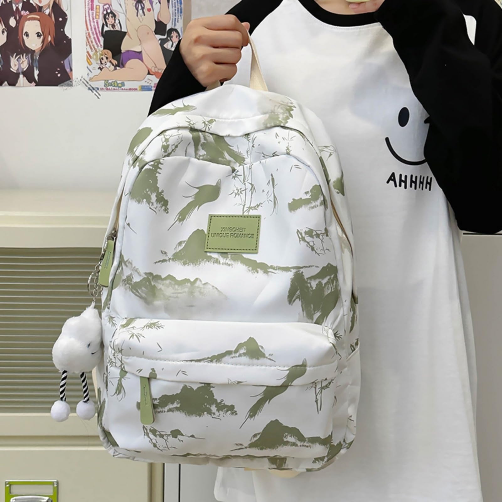 Zaino Inchiostro Paesaggio Stampa Nylon Zaino, Harajuku Stile Grande capacità Borsa Scolastica per Le Donne Uso Giornaliero di Viaggio-Gray