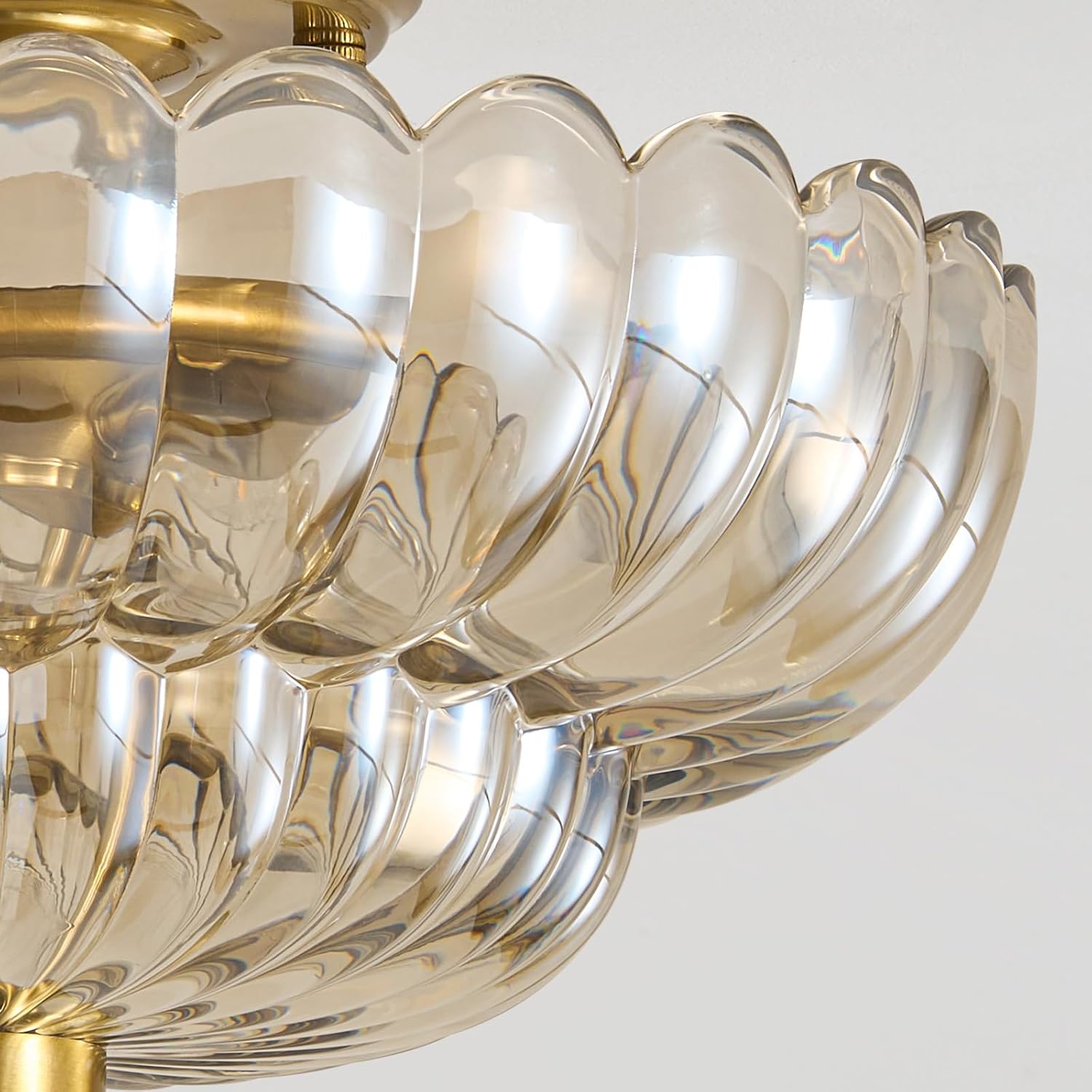 Vintage Glass Ceiling Light Fixture: Modern Gold Amber Semi Flush Mount Close to Ceiling Lights Fixtures - Antique Retro Scalloped Floral Overhead Lighting for Entryway Kitchen Bedroom Living Room