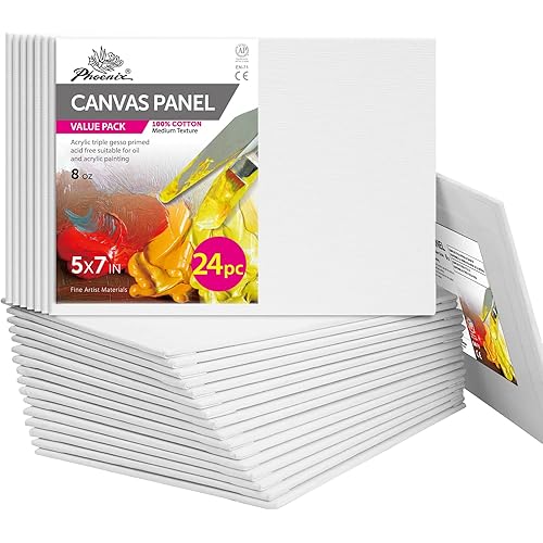 PHOENIX Small Painting Canvas Panels 5x7 Inch, 24 Bulk Pack - 8 Oz Triple Primed 100% Cotton Acid Free Canvas Boards for Painting, White Blank Flat Canvas Boards for Acrylic, Oil Paints