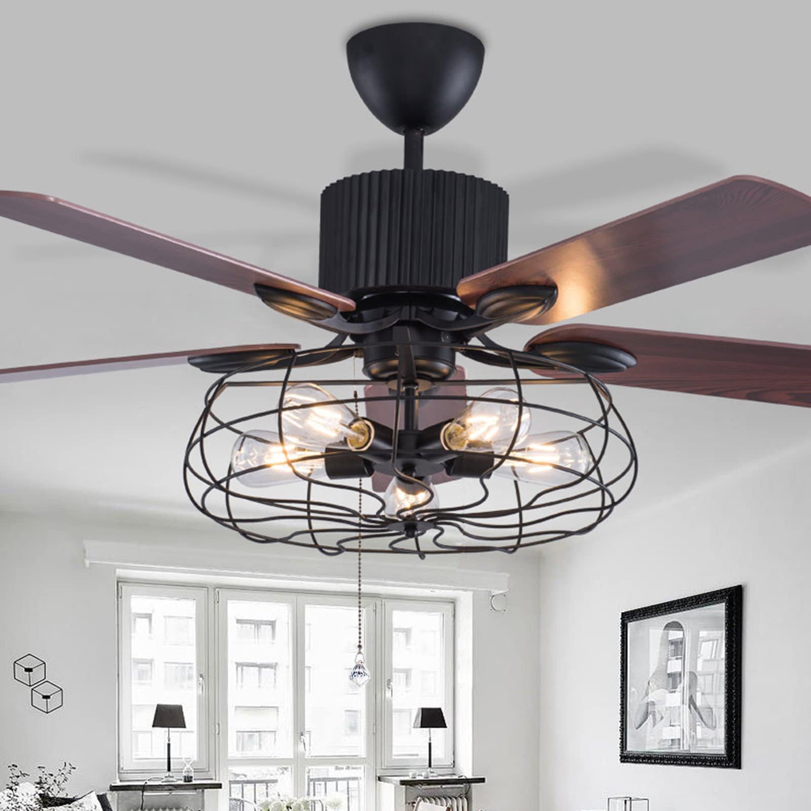 52" Farmhouse Caged Ceiling Fan with Light and Remote Control Rustic Industrial Chandelier Fan with 5 Reversible Wood Blades Black Retro Indoor