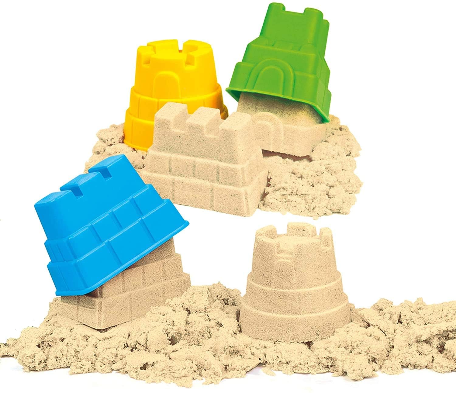 Genio Kids Juego de Arena Mágica para Niños - 1 kg de Arena Moldeable con Arenero y 4 Moldes de Castillo Natural Color, Juguete Educativo y Sensorial, Regalo Ideal para Niños de 3 4 5 6 7 8 9 Años
