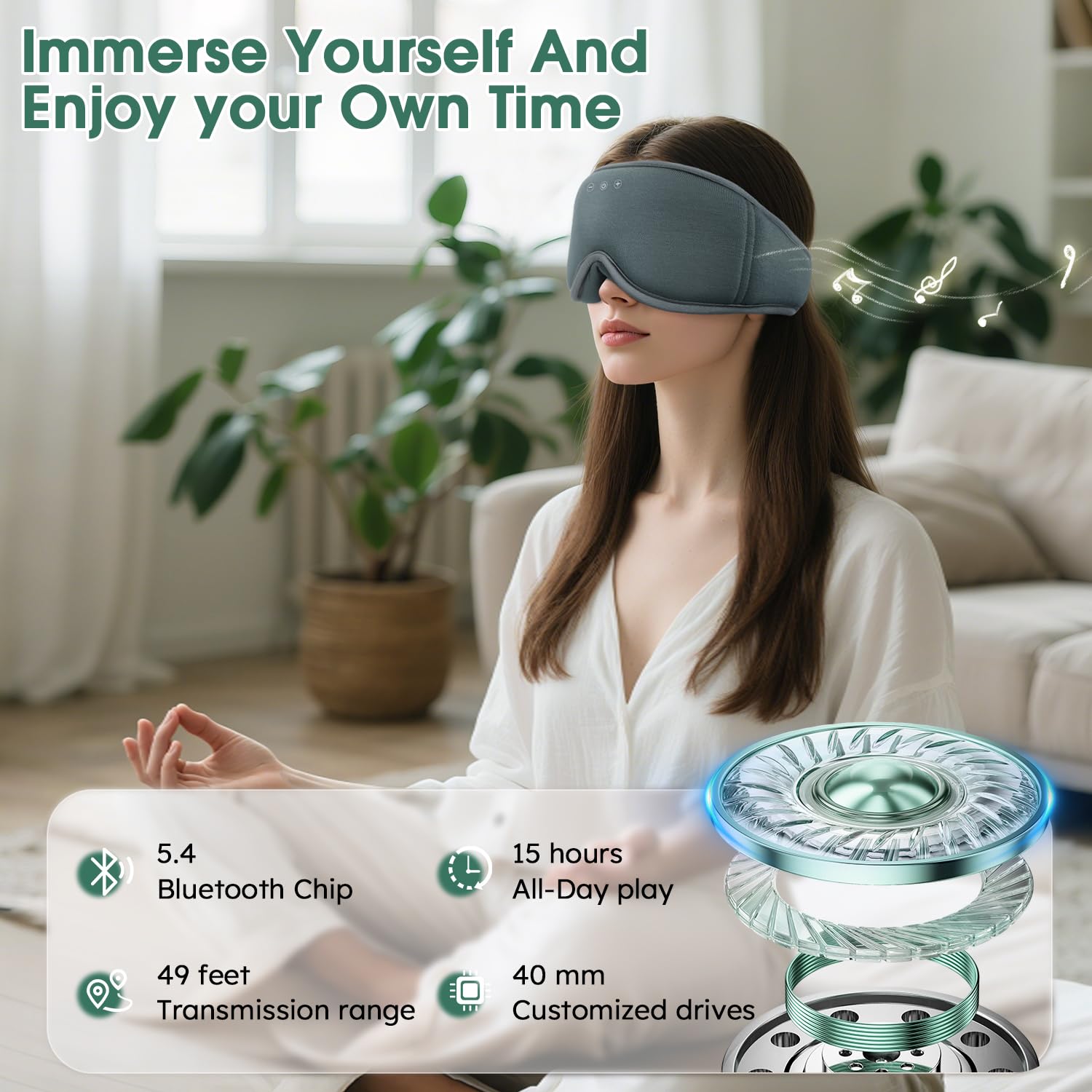 LC-dolida Casque de sommeil Bluetooth 3D naturel en bambou et coton | Masque pour les yeux zéro pression et 100 % occultant pour les personnes dormant sur le côté, voyage et sieste au bureau | Sommeil