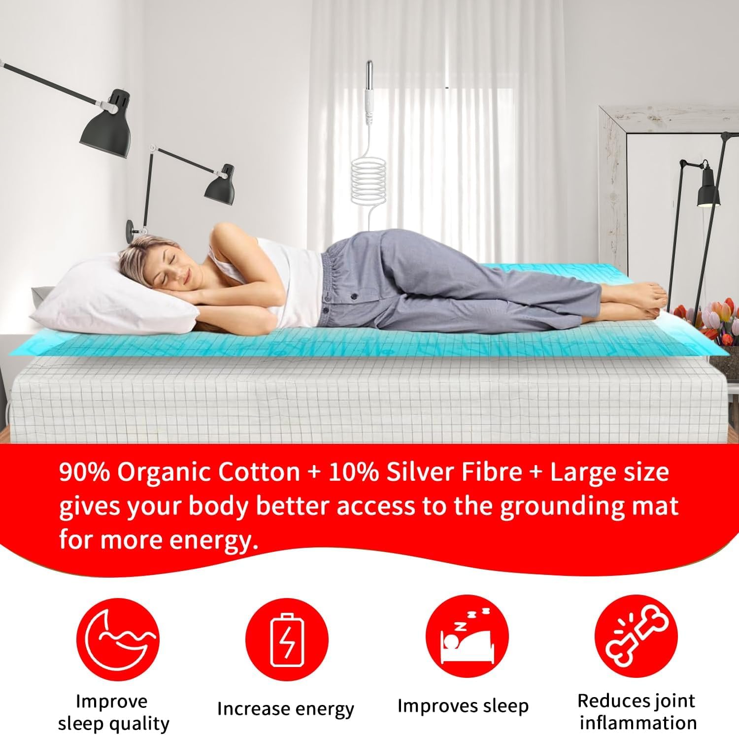 Grounding Mat Earthing UK, tapete de energía saludable y bienestar natural, sábana de cama con 90% algodón orgánico para terapia del sueño y 10% fibra de plata (153 x 203 cm)
