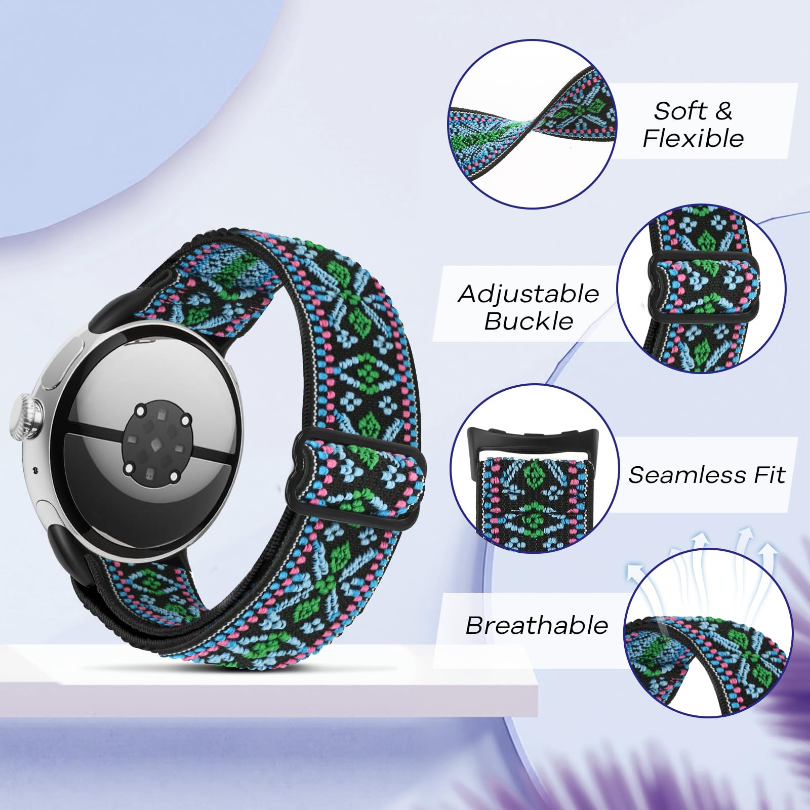 BTTNG Elastic Watch Straps Compatible with Google Pixel Watch 4/3 41mm/Pixel Watch 2/1 Bands for Women Men, Adjustable Stretchy Sport Nylon Bands Replacement Wristbands 3 Pack - 2