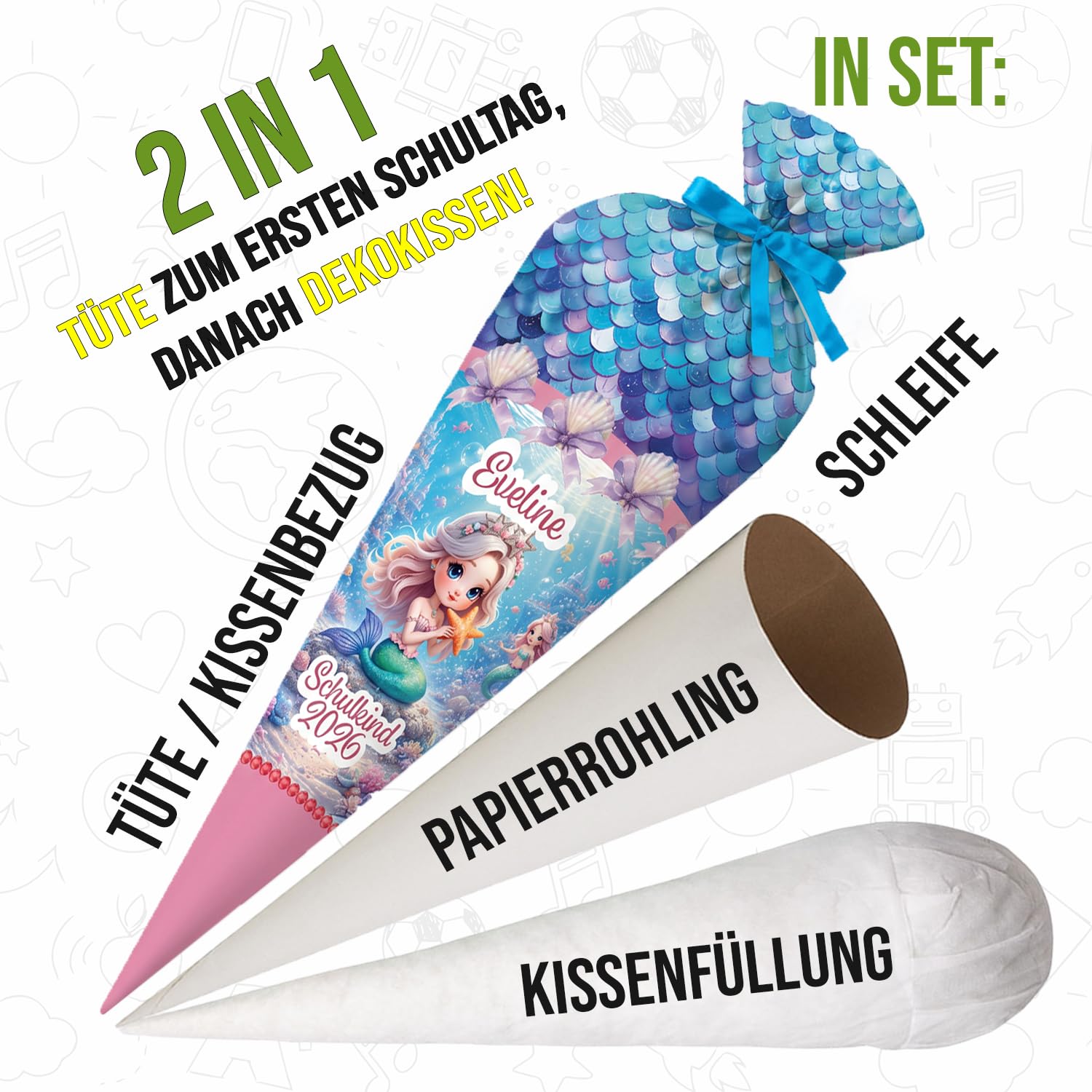 Schultüte Meerjungfrau personalisiert 70 cm Stoff Zuckertüte mit Namen für Mädchen runde Papprohling Silikonkügelchen Kissen