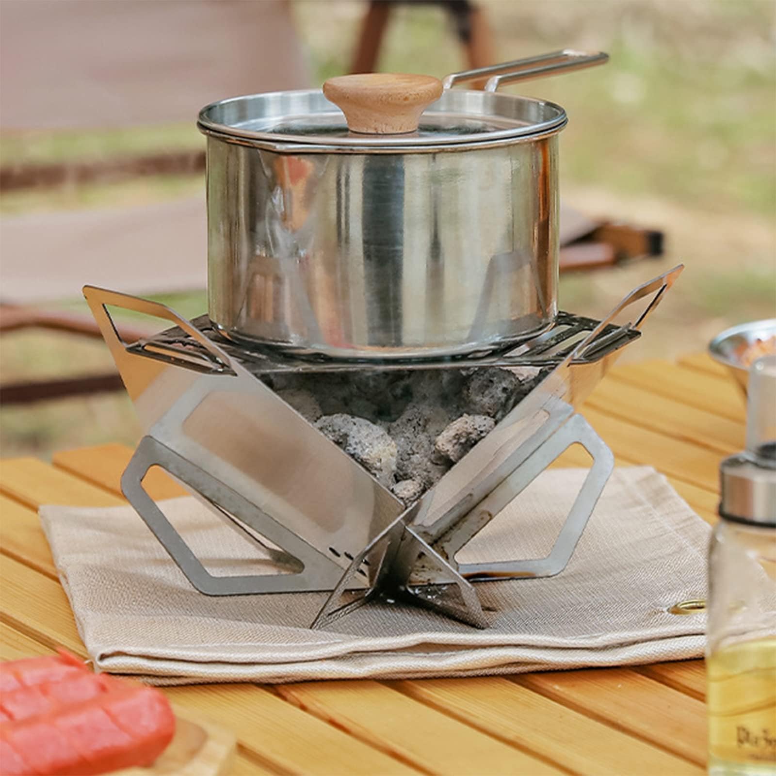 Estufa plegable de camping | Parrilla portátil de acero inoxidable para madera y carbón | Barbacoa compacta con bolsa de almacenamiento para mochileros, senderismo, viajes