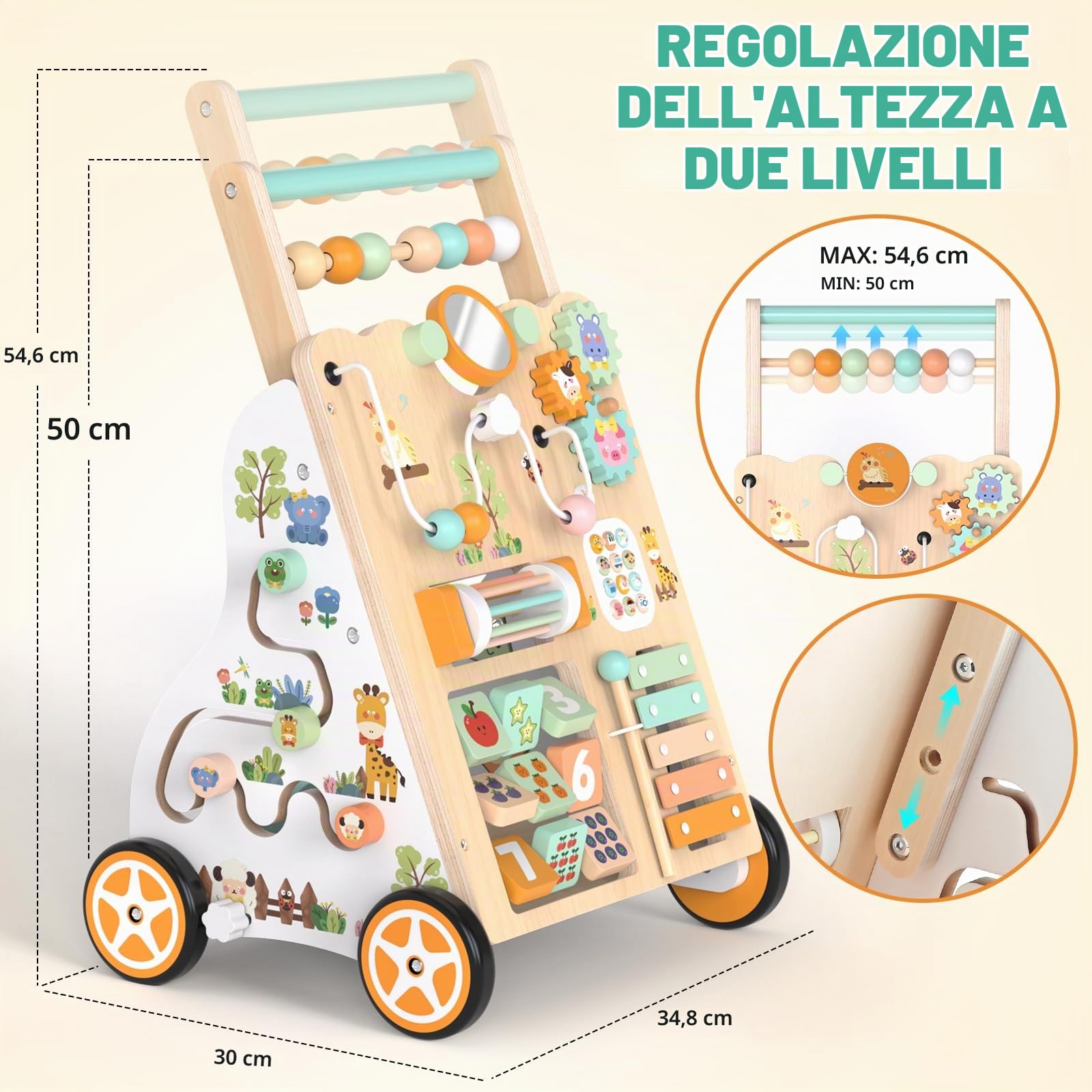 Carrellino Primi Passi Legno Montessori Girello Bambini 12 Mesi+ | Due altezze (500/547 mm) e Velocità Regolabile: Cresce con il Bambino e Mantiene un'andatura Sicura e Sempre Sotto Controllo