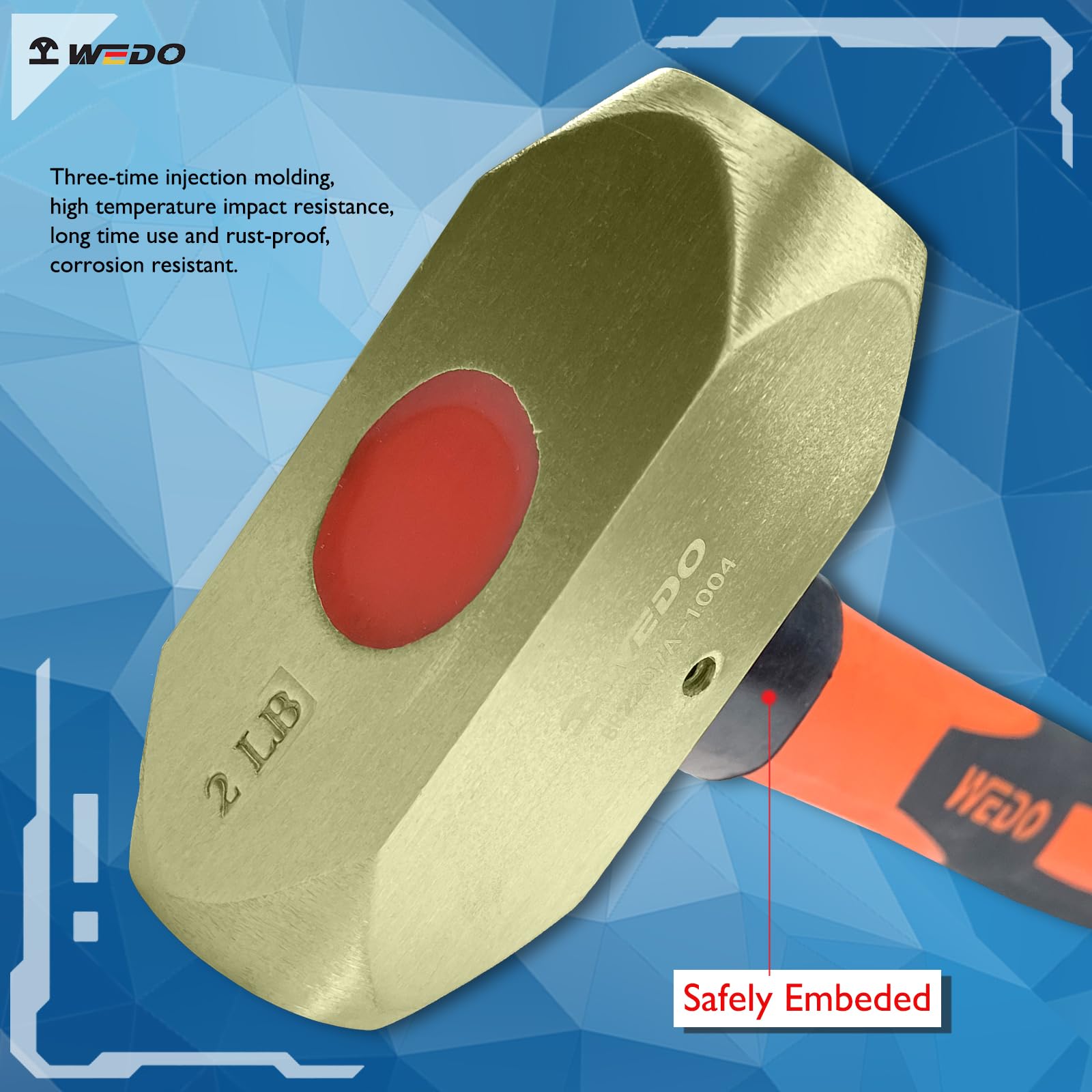 WEDO Brass Sledge Hammer 1lb(450g), Club Hammer with Fiberglass Handle, Die-Forged, Corrosion Resistant, Length 12" - Image 3