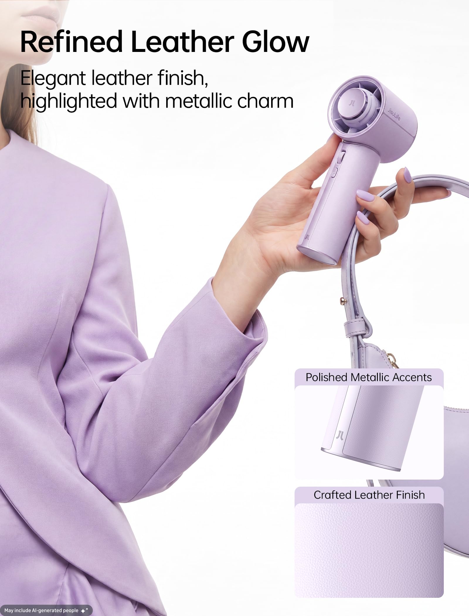JISULIFE Mini turbowentylator przenośny z wysokiej jakości syntetyczną skórą - Do 30 godzin chłodzenia - Prędkość od 1 do 100 - Wentylator USB do podróży - Fioletowy