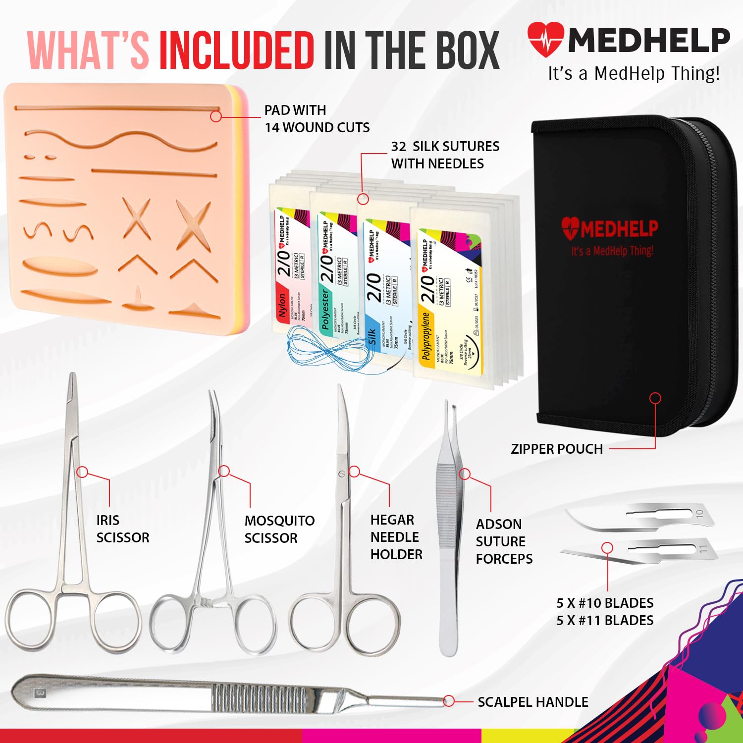 MedHelp 49 PCS Suture Practice Kit, Complete Medical Suture Kit for Surgical Training: Silicone Suture Pad, Sterile Sutures Thread with Needle, Gift for Medical Students