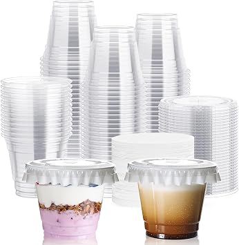 JOLLY CHEF 200 Sets 9 oz Clear Plastic Cups with Flat Lids, and Paper Lid Liners, 9 Ounce Plastic Cups with Flat Lids for Parfait, Snacks, Fruit, Pudding