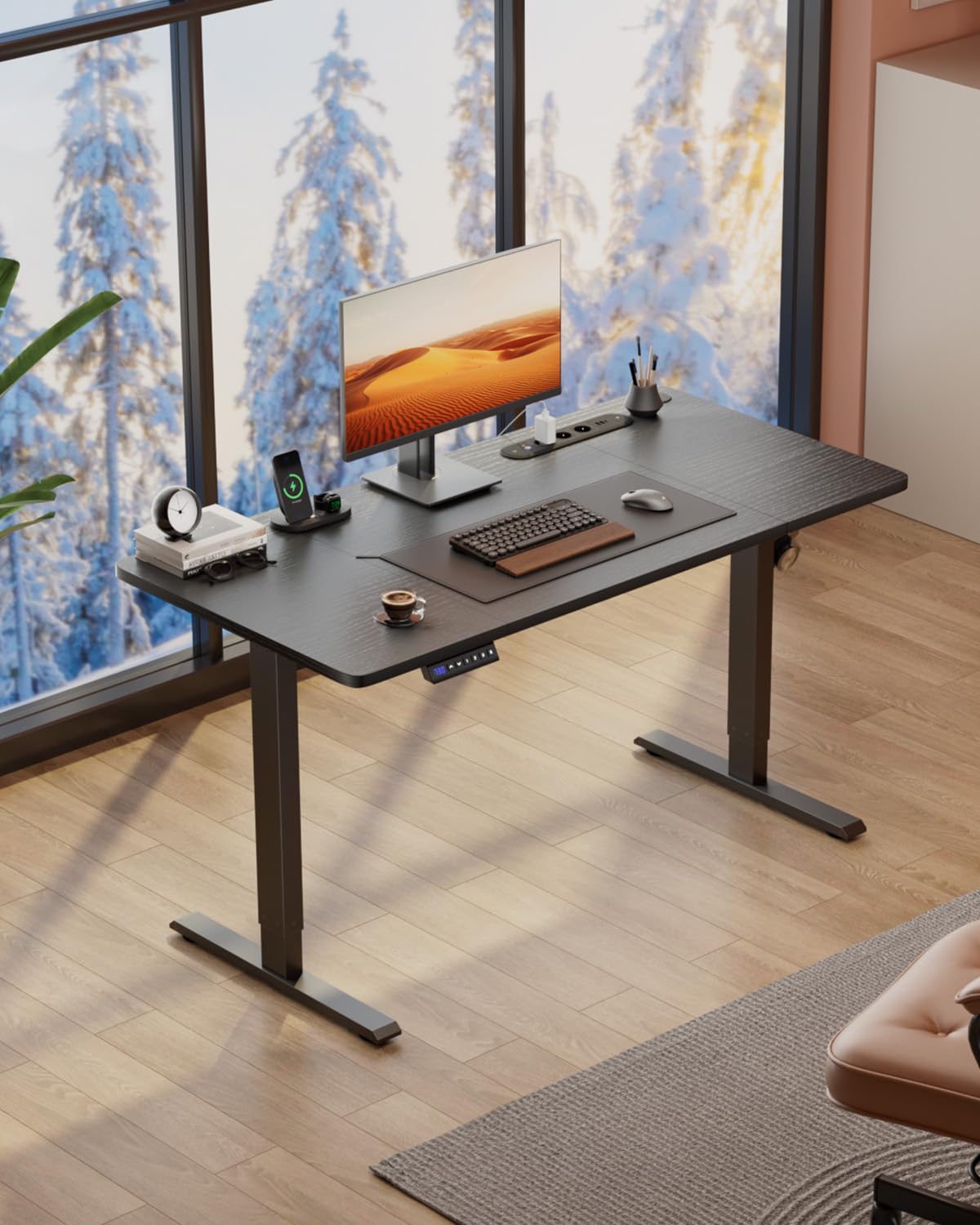HLFURNIEU Scrivania Regolabile in Altezza, 120 x 60 cm, Scrivania Motorizzata, con Prese, Porte USB, 3 Controlli Memoria, Standing Desk Nero