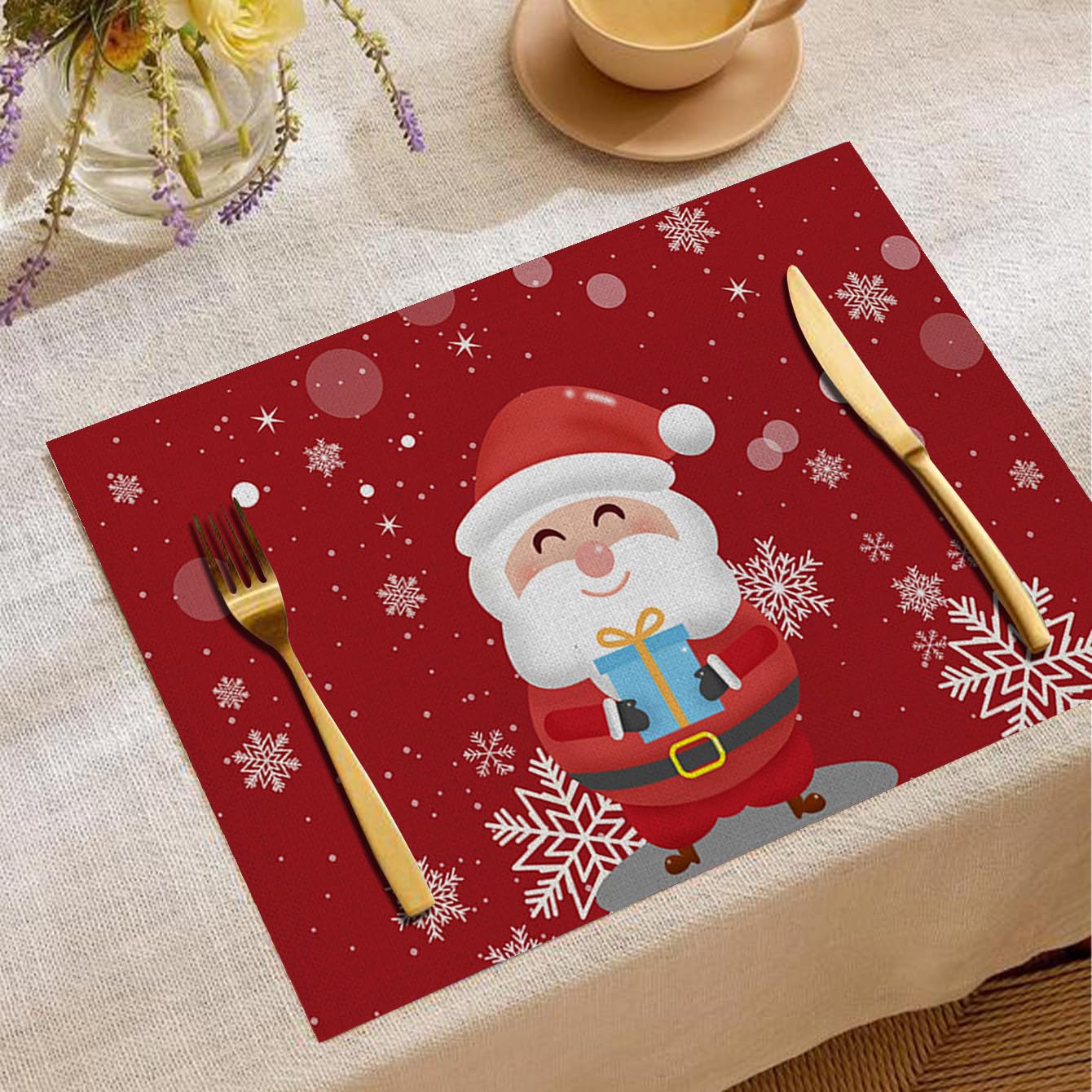 Lot de 6 sets de table carrés en lin Motif Père Noël