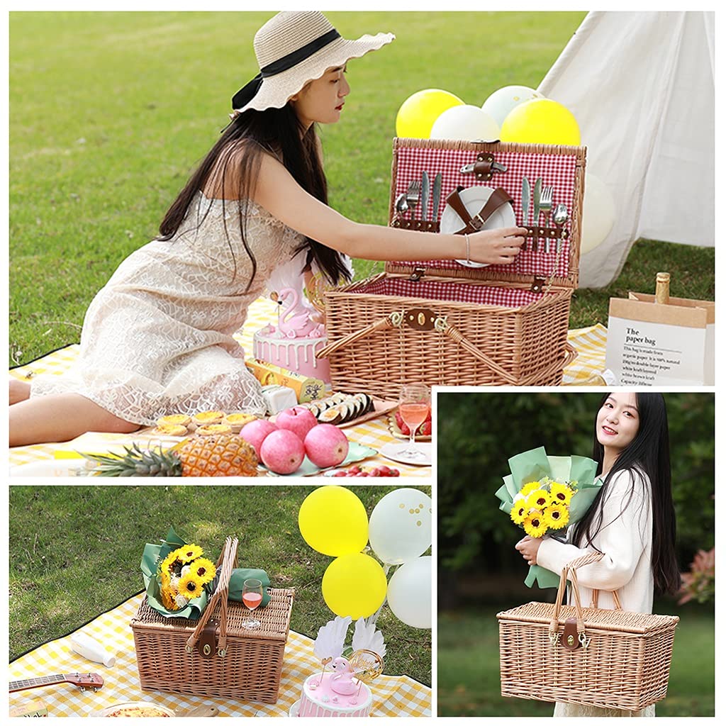 Cestino da Picnic Cestino da Picnic con Posate Tappetino da Picnic Grande Cestino da Picnic per 4 Persone Cestino da Picnic con Manici Pieghevoli (Color : Natural, Size : 46 * 31 * 28cm) (Natural 46