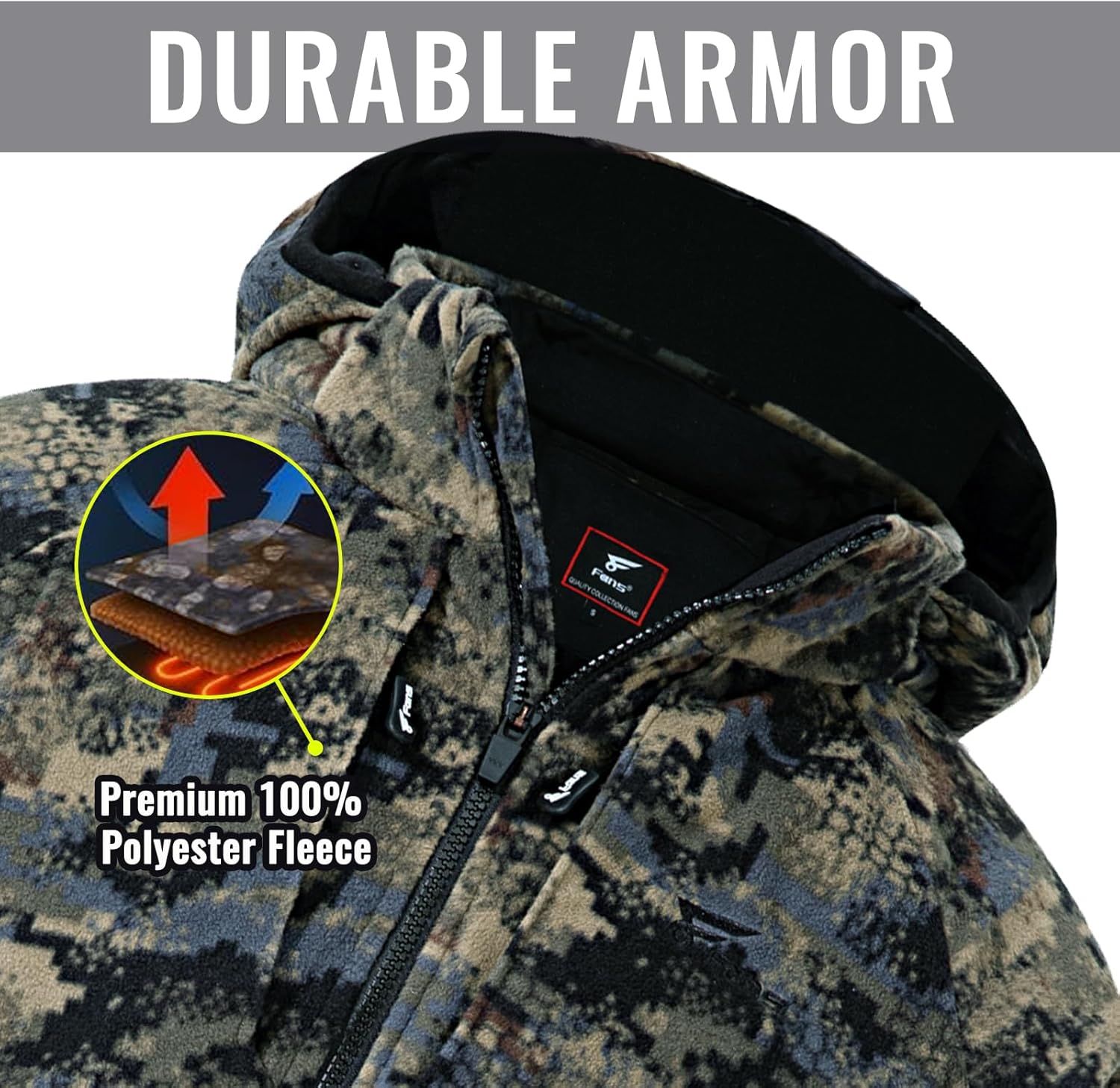 8 Fans Men’s Hunting Camo Jacket – 100% Polyester Fleece,Breathable Lightweight Coat with Detachable Hood & Pockets - Image 3