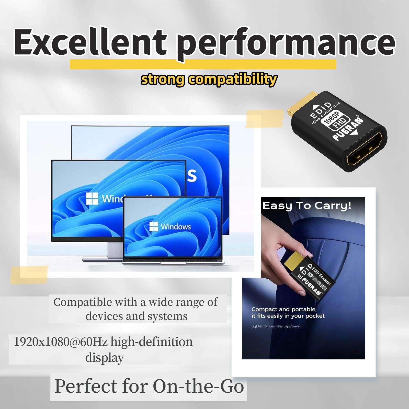 Adaptateur émulateur HDMI edid - émulateurs - Pass-Through fiable pour répartiteurs vidéo, rallonges, récepteurs AV - Plug & Play (1920 x 1080 @ 60 Hz(1080p) - 6P)