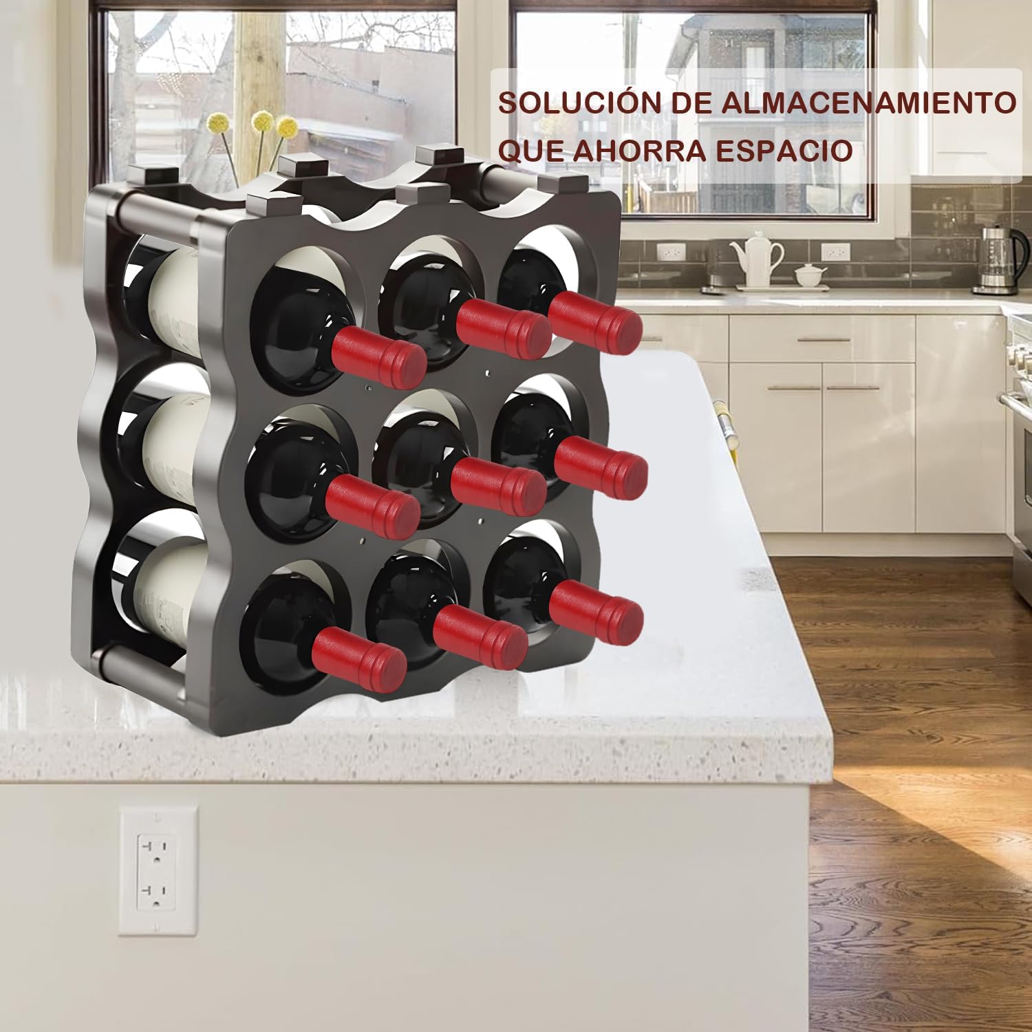 Soporte para Botellero Modular de Plástico Apilable para 9 Botellas, Estanterías para Botellas de Vino, Estante de Almacenamiento para Exhibición de Vinos, Ideal para Hogar, Bar y Bodegas