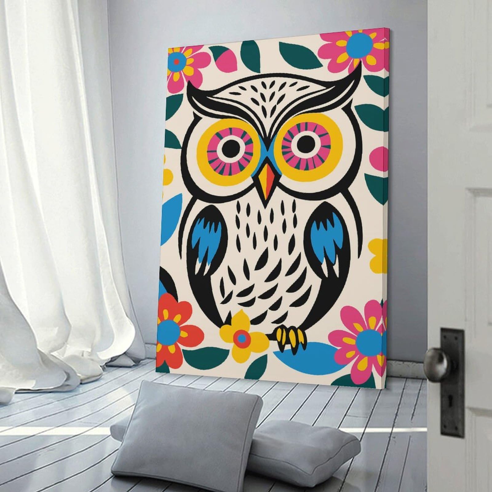 Junmoney Canvas Wall Picture Funny Bohemian Owl, 12x18inch(30x45cm), for Gallery Wall Decor And Room Displays, Decorative Artwork with Flexible Styling