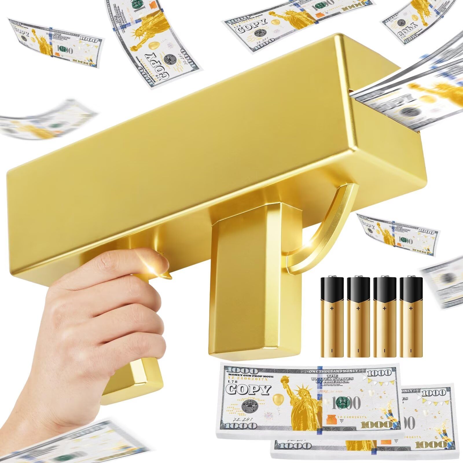 Gold Money Gun Shooter and 201 PCS Props (No Real Function) and 4 AA Batteries, Money Thrower Gun That Shoot Prop Paper, Pretend and Play Toys Paper Dispenser Fake Gun for Party
