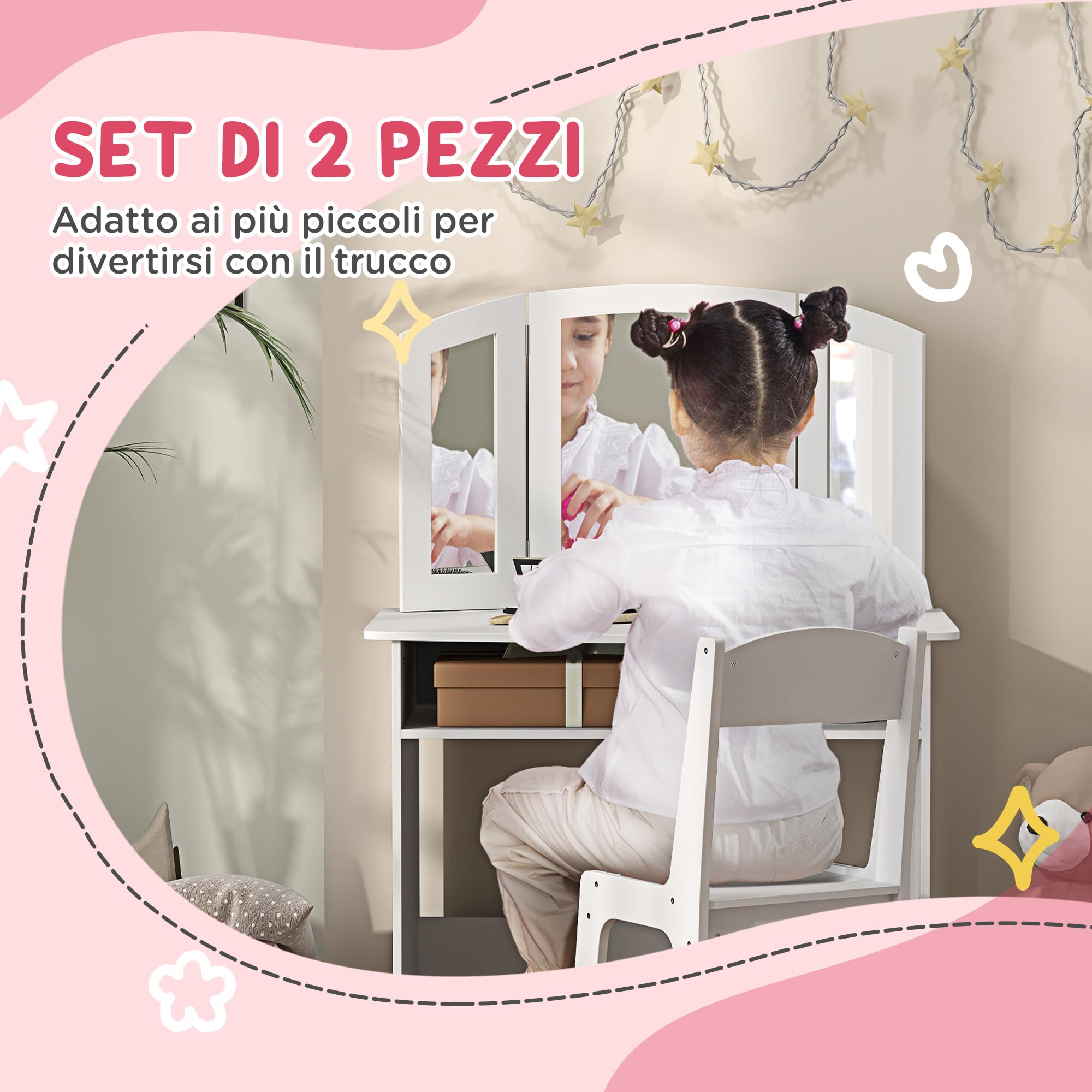AIYAPLAY Set da Trucco per Bambini 3-6 Anni, Tavolo Toeletta con Specchio Triplo Rimovibile e Sedia in Legno, Bianco