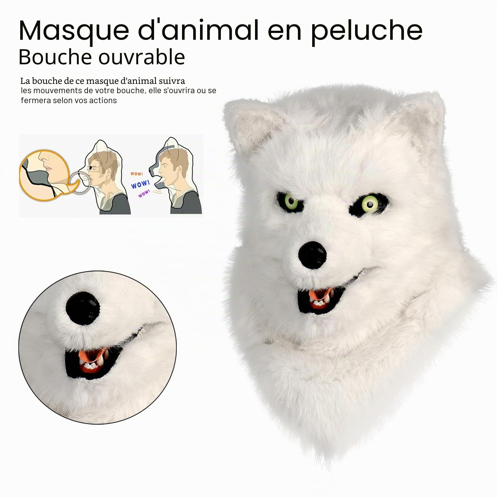 Masque fantaisie en forme de tête de chien en peluche avec queue de griffe et gants pour Halloween, fête, bal masqué, cosplay