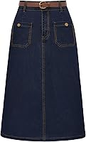 BellePoque Women's High Waisted Denim Skirt with Removable Belt - Below Knee Length Jean Skirt for Casual & Dressy Looks
