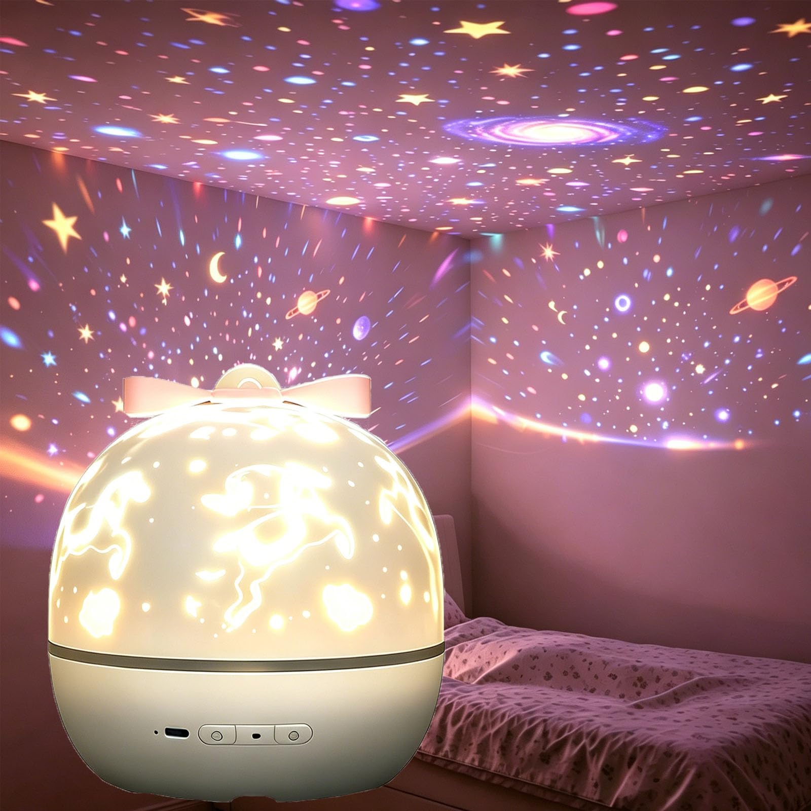 Proyector de estrella giratorio recargable 360, luz nocturna, lámpara de proyector de cielo estrellado con 21 películas reemplazables, linda luz de estrella de arco para niños (1Pcs)