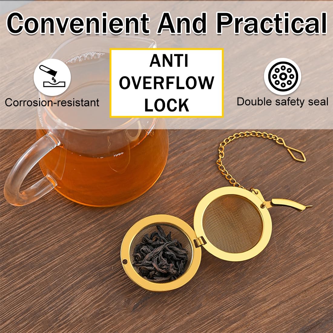 2 Unidades Bolas Infusoras Doradas de Acero Inoxidable 304, Colador de Té con Cadena para Té en Hojas y Especias, Diámetro 4.5 cm