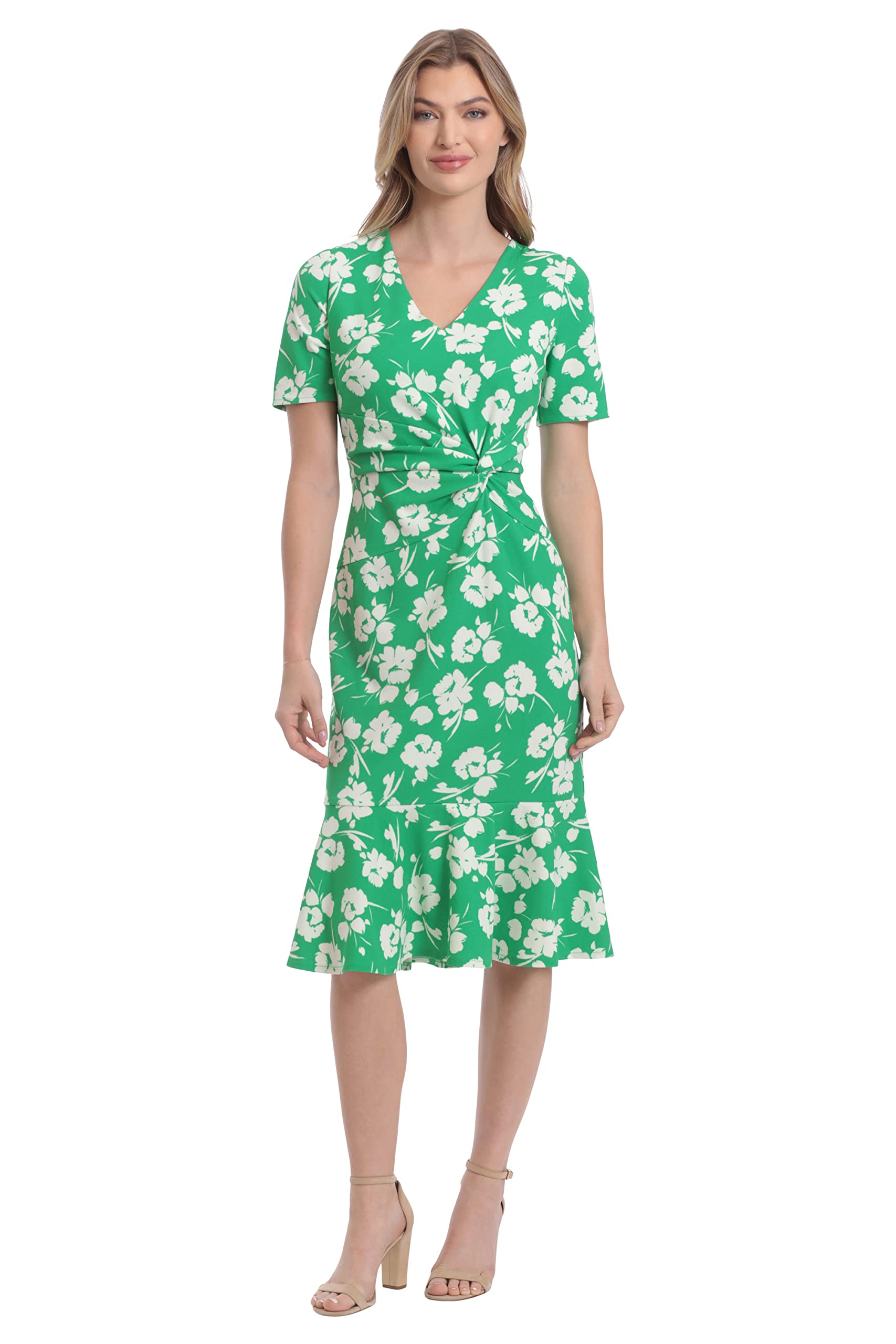 London Times Women's V-Neck Dress - Flounce Hem, Twist Waist, Elegant Office &amp; Event Wear