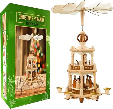 German Style Christmas Pyramid Carousel Decoration 17.5 Inches - Wood Nativity Scene Set -Table Top Holiday Decor - 6 Candle Holders - of German Design.