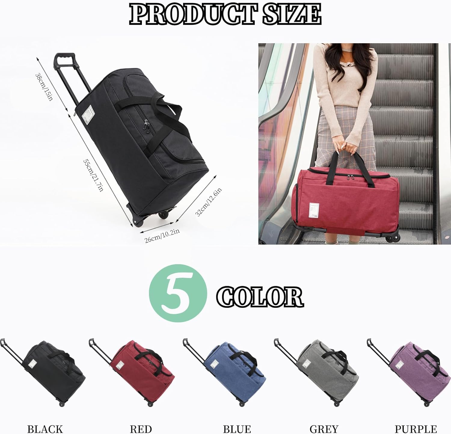 Rolling Duffle Bag with Wheels, 45L 22” Folding Travel Duffel Bag Soft-Sided with 2 Wheels, Waterproof Carry-On Large Travel Bag Men/Women Multiple Pockets for Trip Business Fitness Blue - Image 7