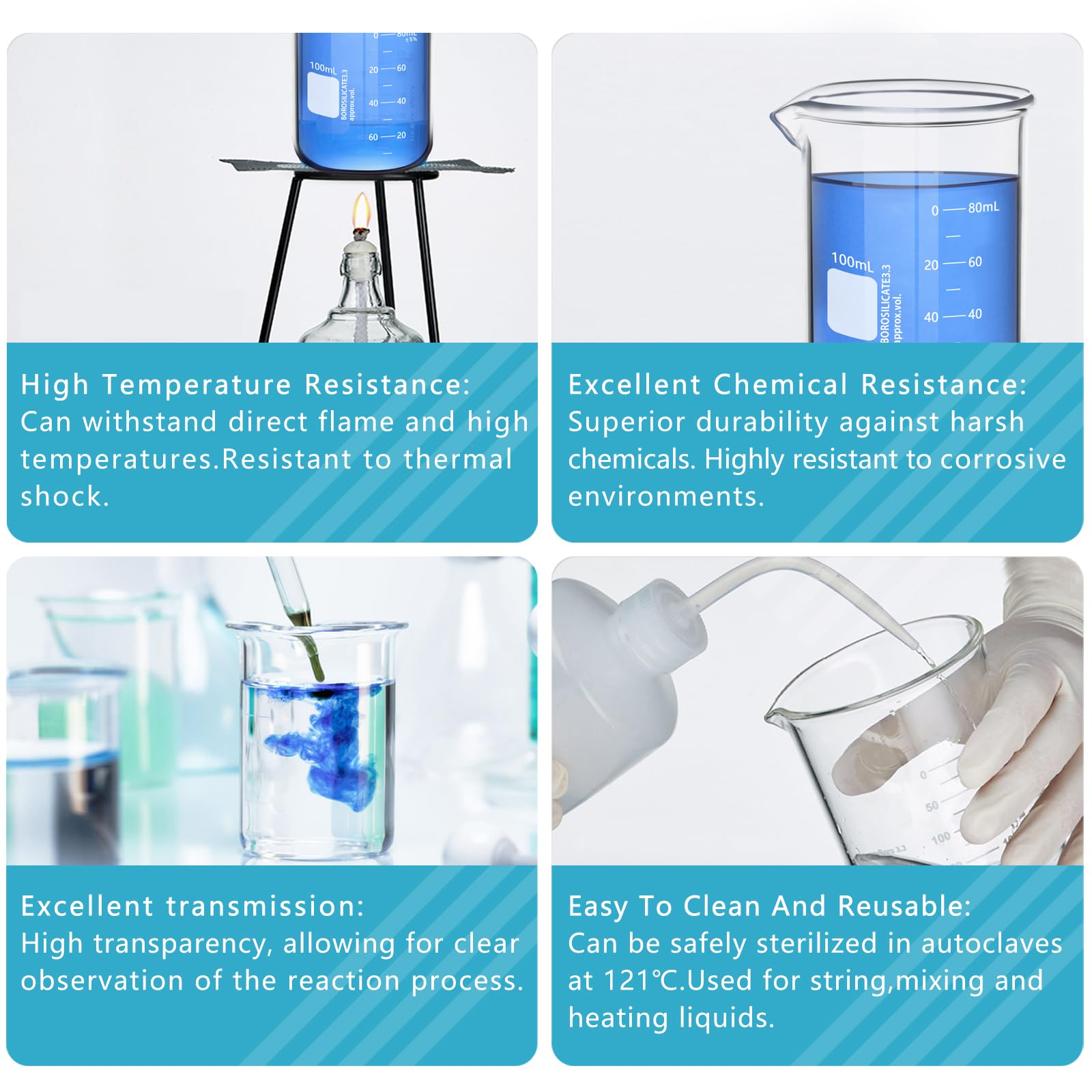 Vasos de vidrio resistentes, graduación de doble escala, vaso de laboratorio de vidrio borosilicato 3.3, vaso de medición de forma baja (6, 100 ml)