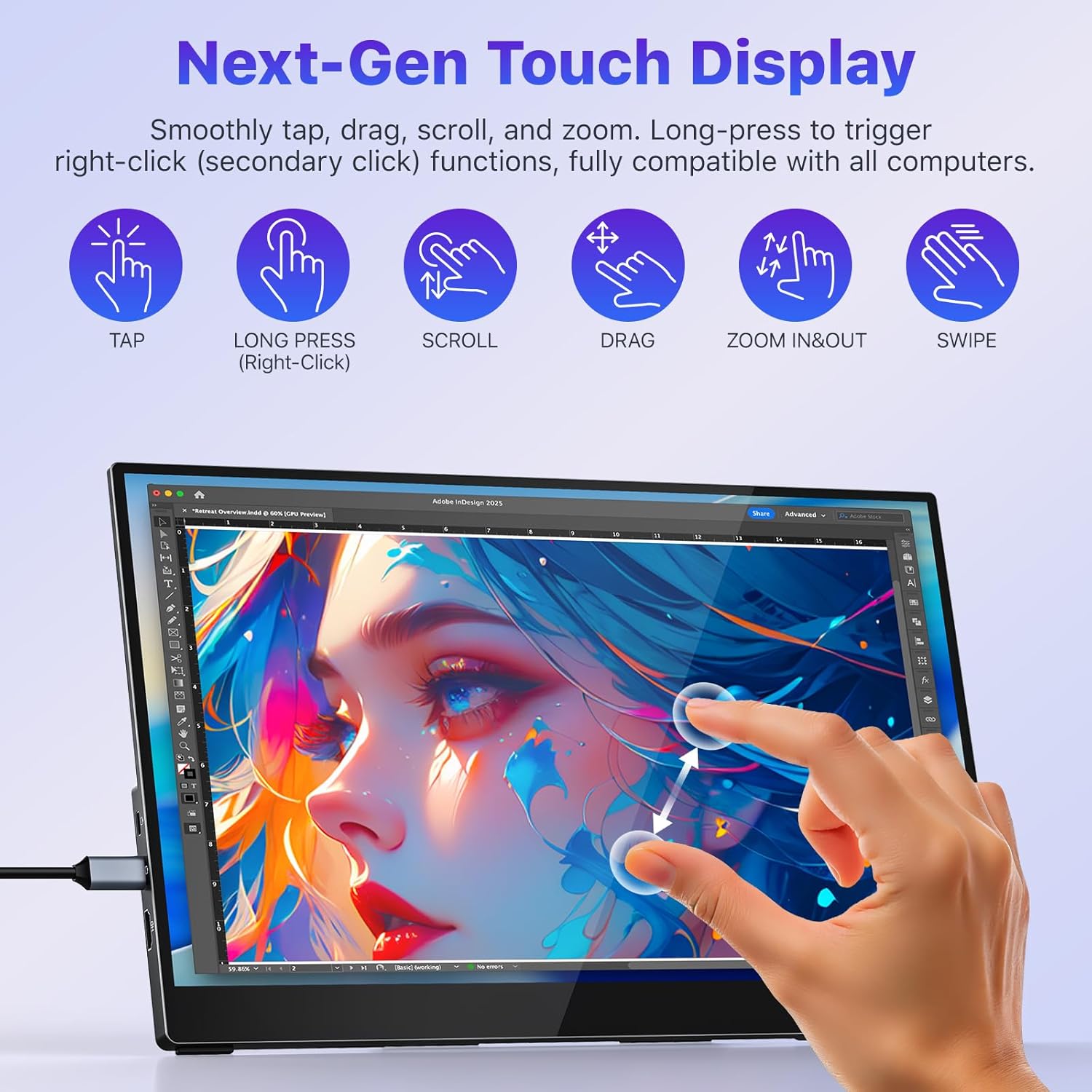 VisionOwl Portable Monitor Touchscreen 15.6 Inch 10-Point Touch Screen with Tempered Glass Laptop Monitor, USB-C HDMI Portable Screen for Laptop PC MacBook, Built-in Kickstand Speakers, VESA Holes - Image 3