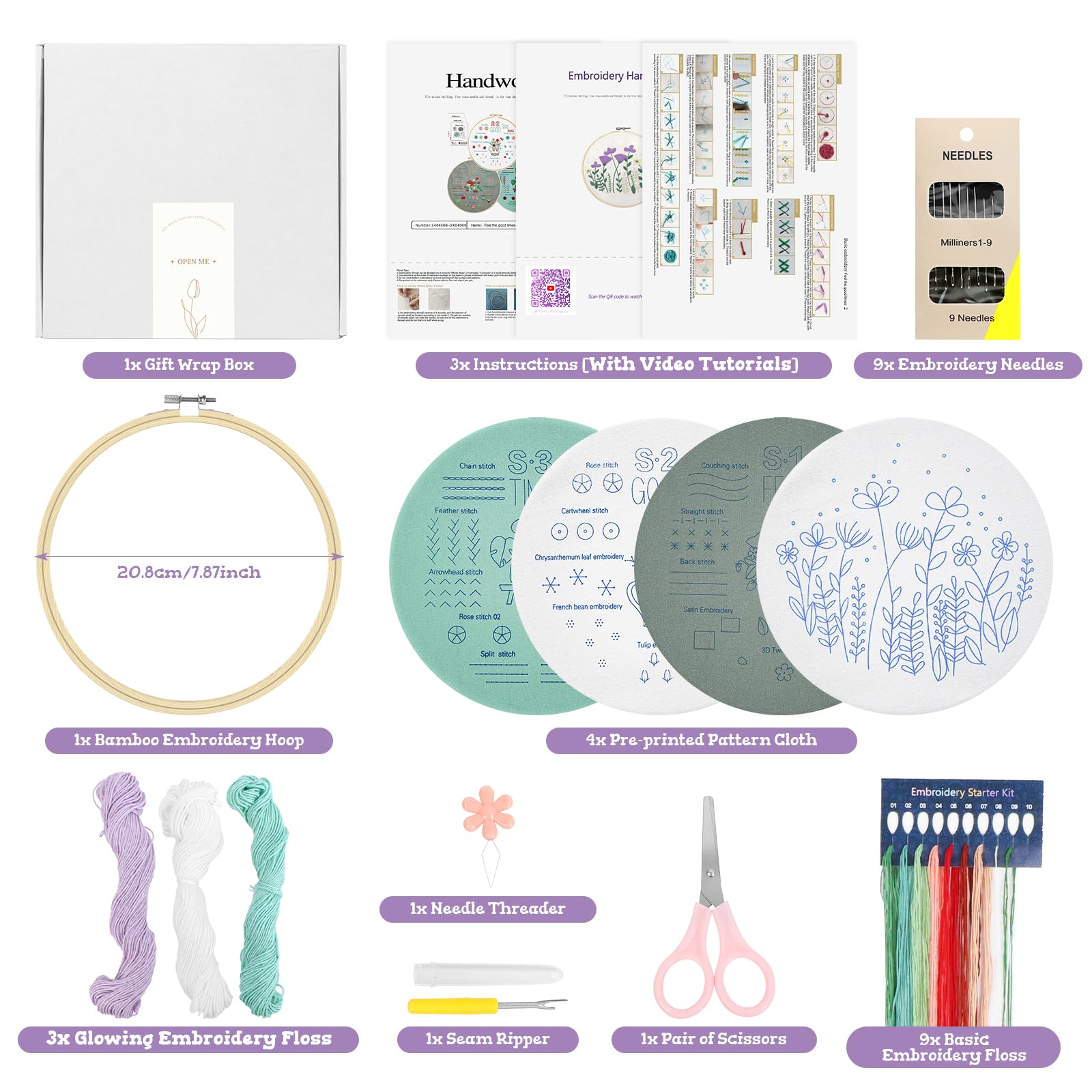 FTUREERA Glowing in The Dark, 4 Pack Embroidery Kit for Beginners, Handy Sewing Clothes with Pattern, Hoops, Instructions&Video Tutorial, Threads Needle Kit - Gifts, Craft Beauty That Shines