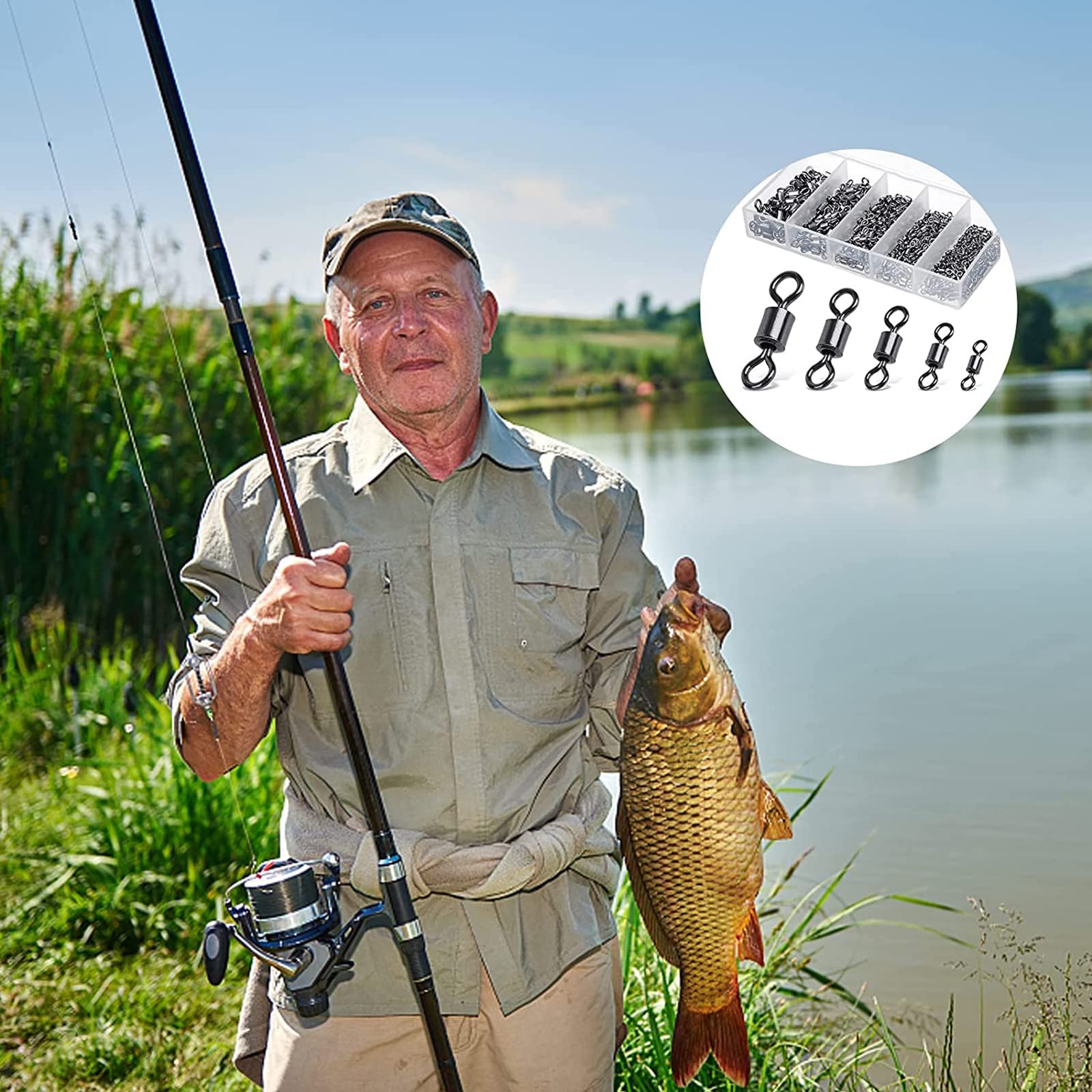Realure 200 Pezzi Moschettoni Girelle Pesca Trota 5 Dimensioni Vortice da Pesca con Anelli Solidi Mulinello da Pesce Set Mulinello Vortice Pesce Accessori Girella 4# 6# 8# 10# 12#