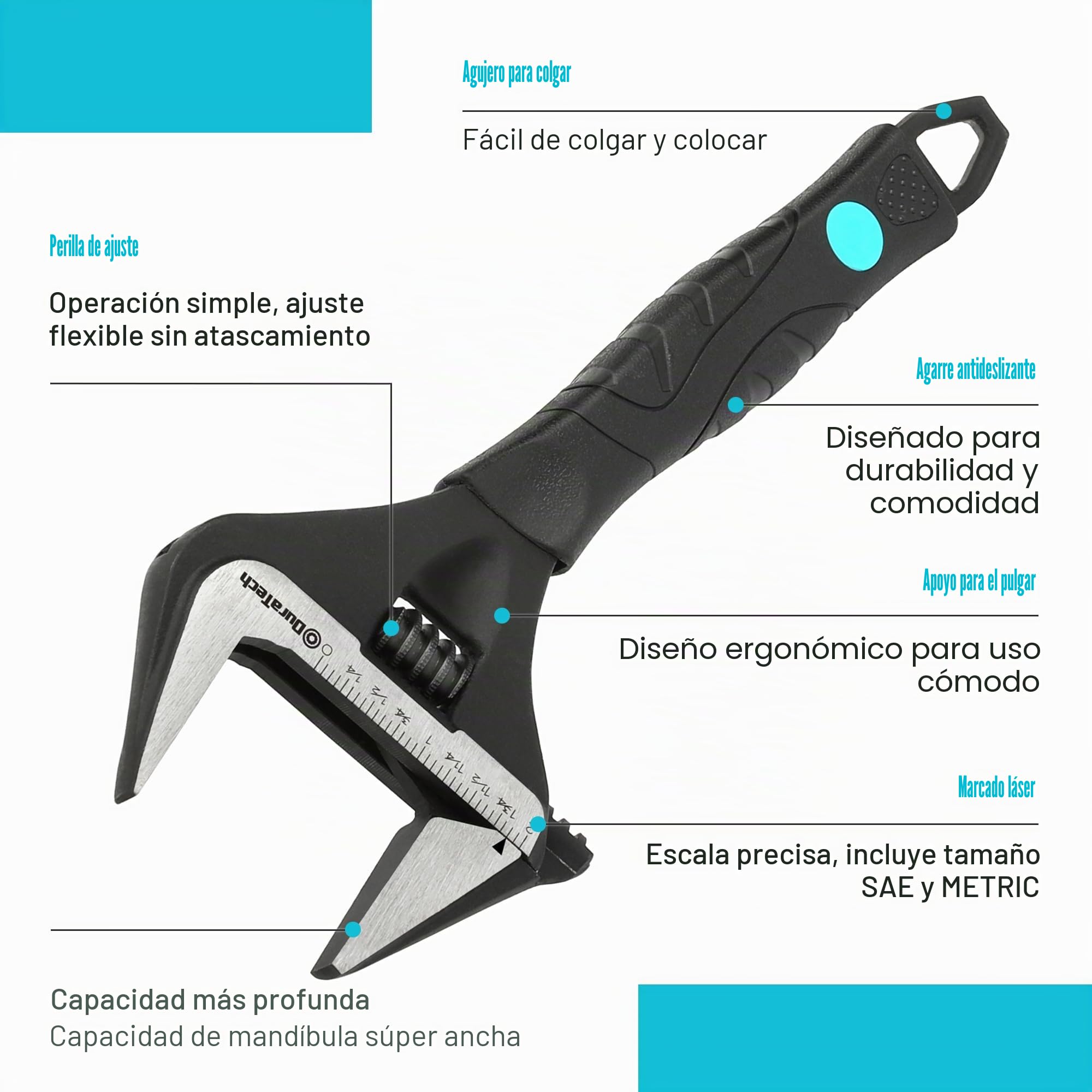 DURATECH Llave ajustable para fontanería de 250mm, Llave ajustable de apertura ancha, forjada en caída Cr-V, SAE y escala métrica marcada, agarre ergonómico