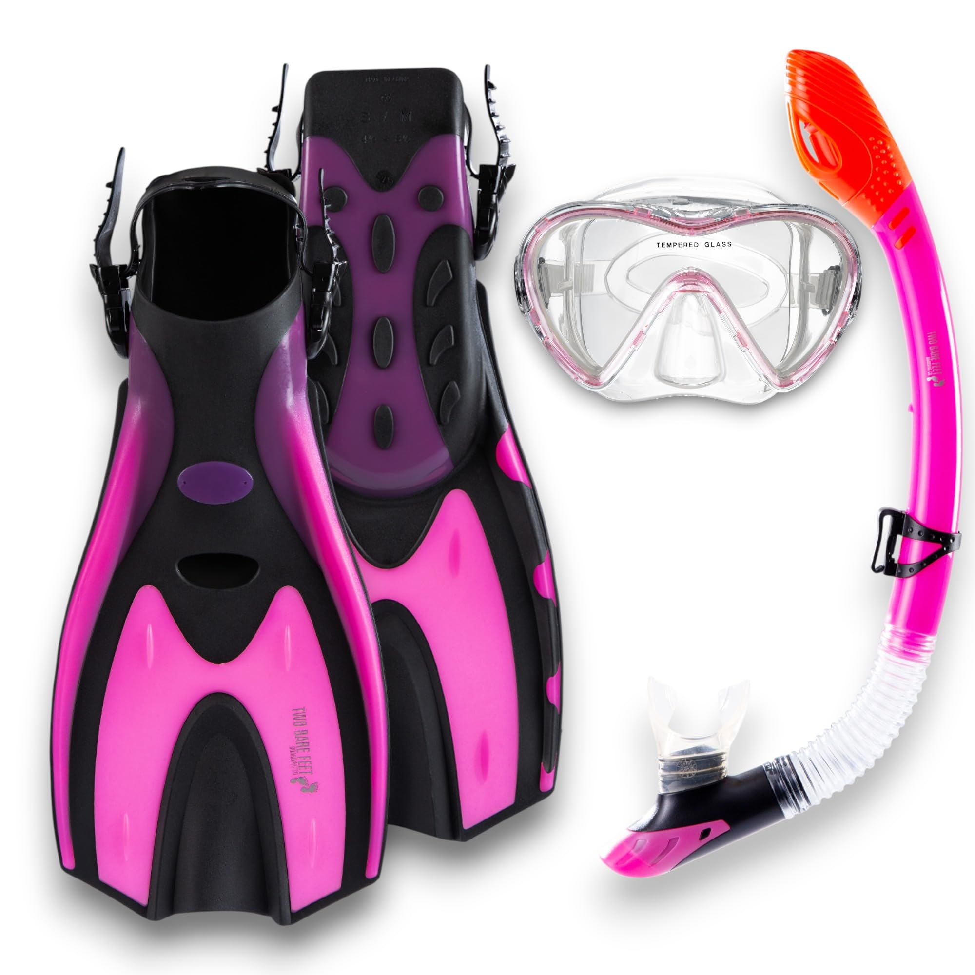 Two Bare Feet Adults 3 Piece Silicone Mask, Snorkel and Fins Diving Set, Anti Fog Anti Leak Snorkelling Set - Style 3 (Pink, Dry Top Snorkel, SM UK4.5-8.5)