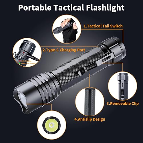 Miniatura 4 de KunHe Linterna recargable linterna de mano linterna táctica con funda de cinturón con clip brillante LED luz de destello con 4 modos de larga