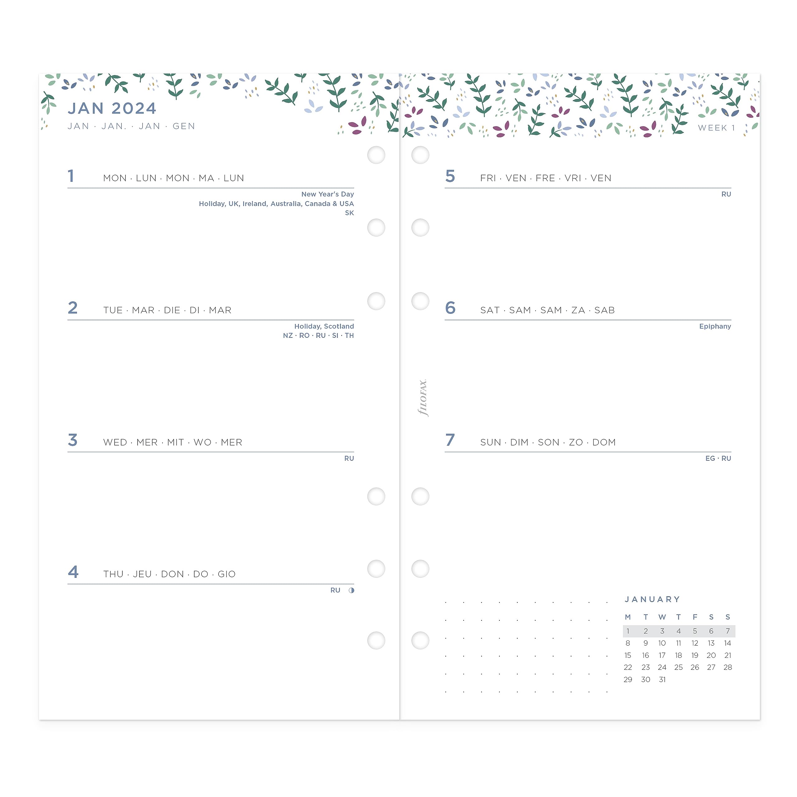 Filofax Ricarica per agenda giornaliera, formato personale/compatto, vista settimanale, confezione minimale per agenda da giardino, multilingue: cinque lingue, 2024 (C68492-24)