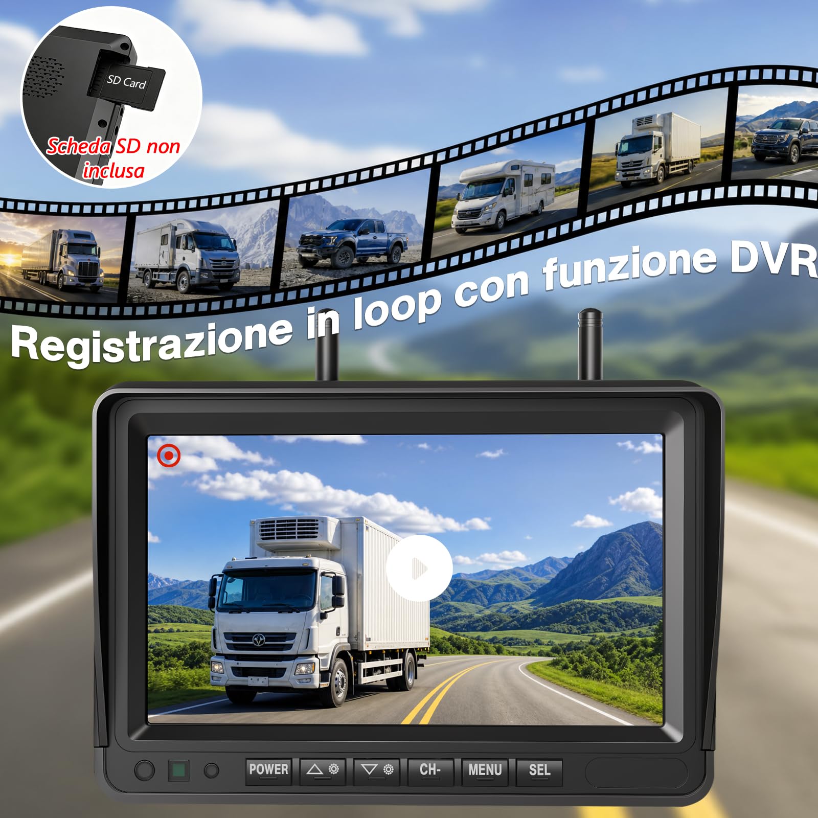 Telecamera Retromarcia Solare Wireless 10000mAh, Monitor 7" IPS con DVR, Portata Lunga, Montaggio Magnetico, 1080P HD Visione Notturna, IP67 per Camper Furgone Camion(VS-7G)